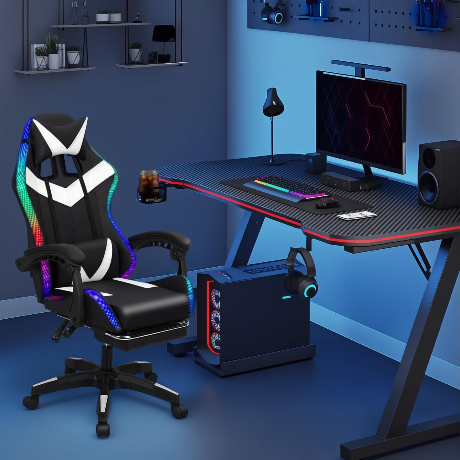 Ergonomic Gaming Chair with Footrest, Bluetooth Speakers & RGB Lights - Office Massage Chair with Pocket Spring Cushion for Adults (350lbs Capacity) - Perfect for PC Gaming, Home Office & Streaming (White & Black)