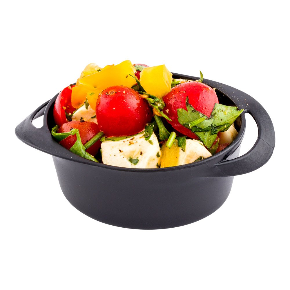 Restaurantware 3oz Mini Serving Dishes - 100 Disposable Black Plastic Appetizer Plates with Built-In Handles for Snacks, Desserts & Party Catering | Perfect for Weddings, Events & Small Bite Presentations