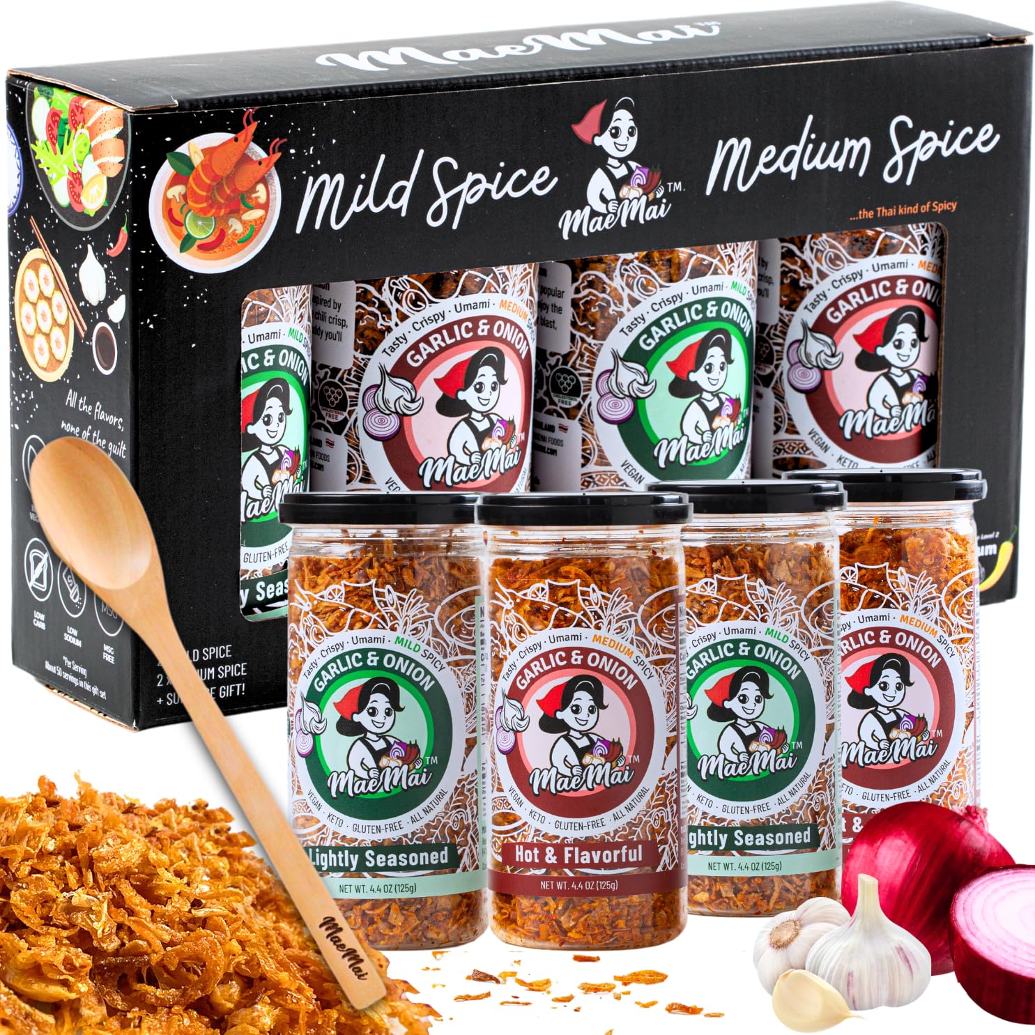 MaeMai 4-PACK Premium Seasoning Box Set - Mild & Medium Spice Crispy Fried Onion & Garlic | All-Purpose Vegan Seasoning for Ramen, Rice, Salads | Perfect Gift for Foodies & Family (Includes Free Gift Inside) - Ideal for Home Cooking, Meal Prep & Gourmet Dishes