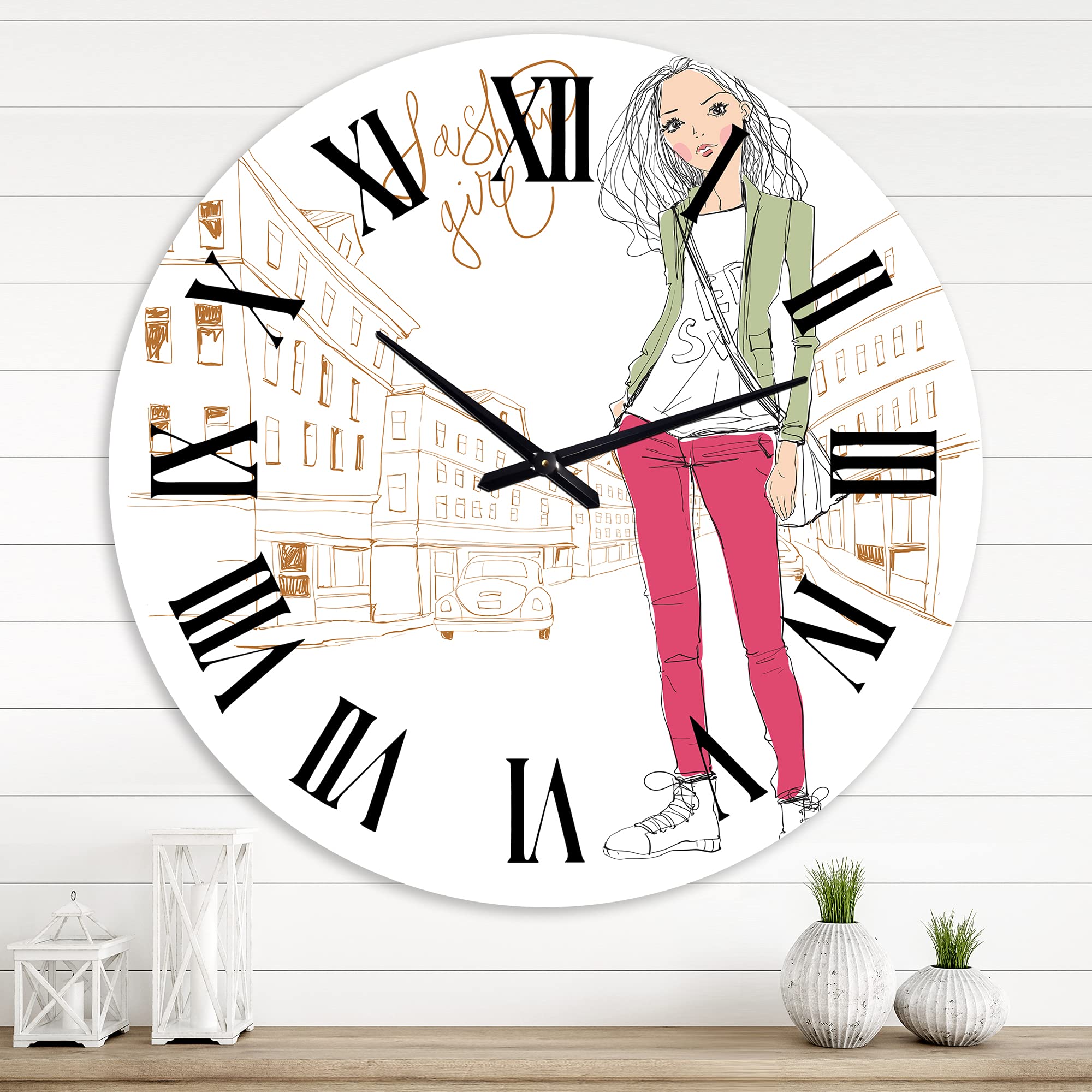 DesignQ Trendy Fashion Girl II Large Wall Clock - Kids Room Decor, Children's Art Clock, Living Room Wall Decor for Girls Bedroom & Playroom