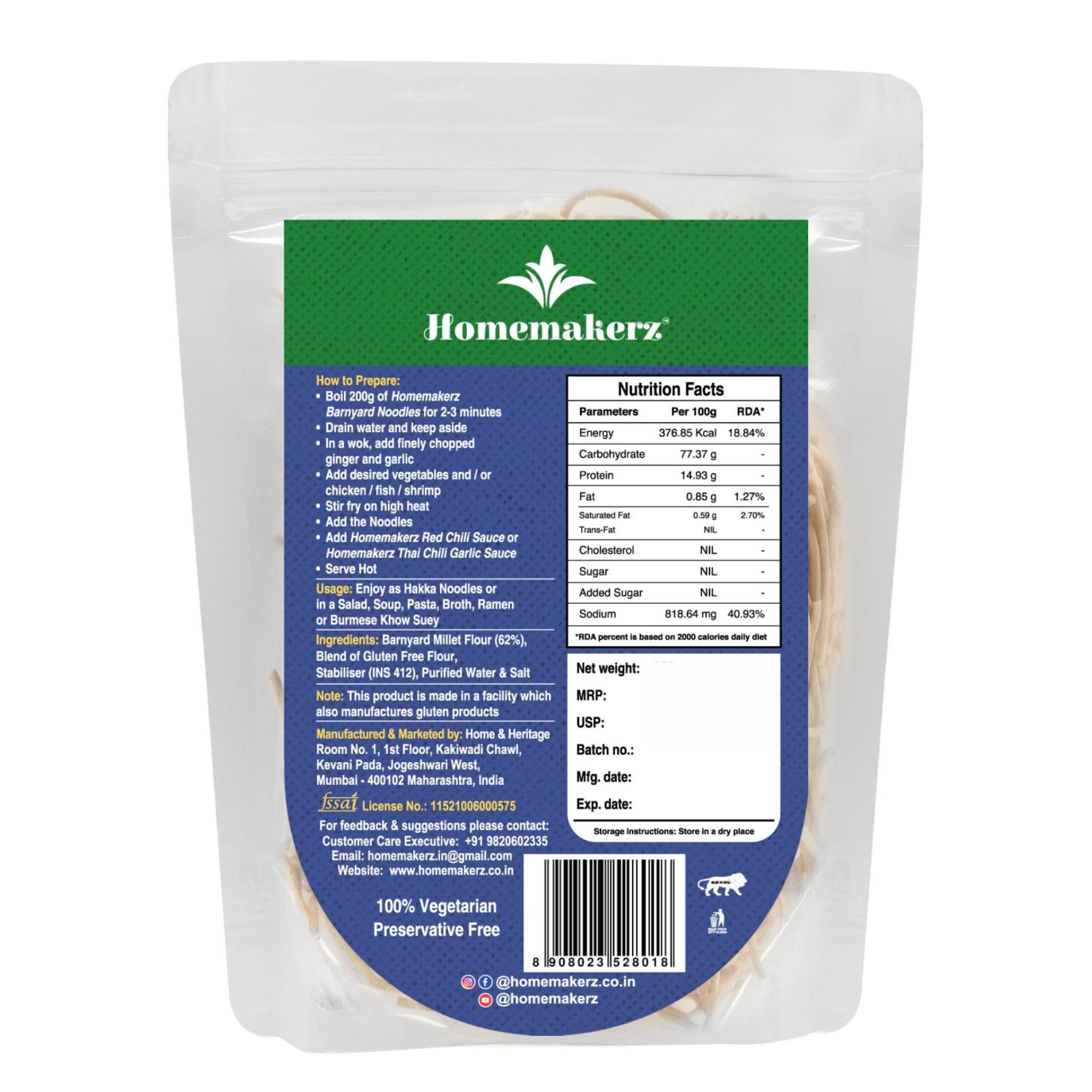 **Homemakerz Banyard Millet Noodles – Natural, Preservative-Free, Gluten-Free, Fat-Free, No Oil, Zero Maida & Wheat – Healthy & Tasty Hakka Millet Noodles with High Fiber (200g) – Perfect for Vegan, Keto & Gluten-Free Diets**