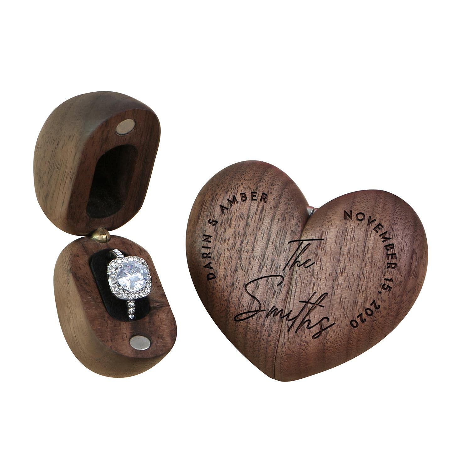 KWOOD Personalized Heart Shaped Walnut Ring Box with Magnetic Closure - Elegant Engagement Ring Box, Wedding Jewelry Gift for Her, Birthday Present - Perfect for Proposal, Ring Storage & Special Occasions