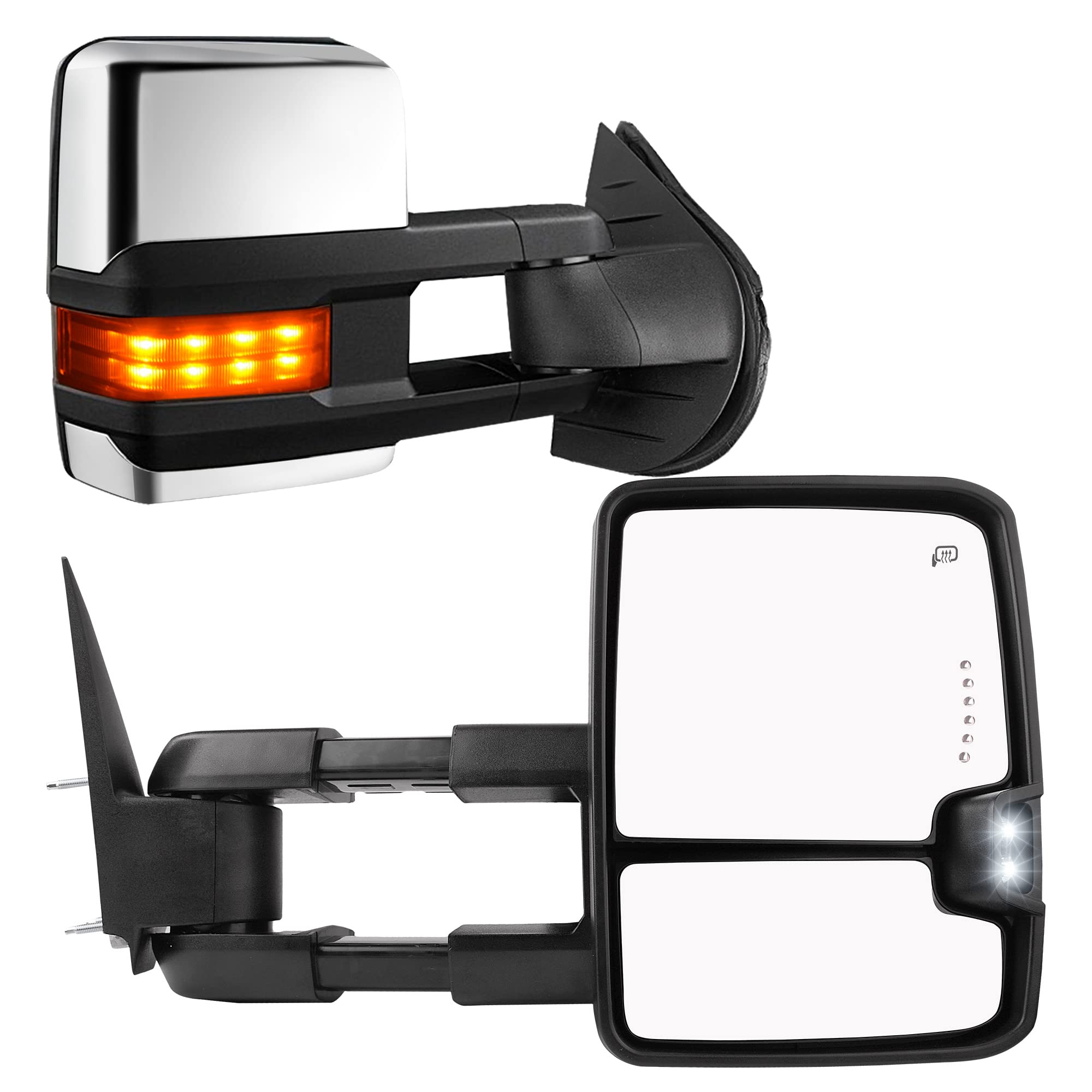 YITAMOTOR Power Heated Towing Mirrors with LED Arrow Turn Signals - Compatible with 2003-2006 Chevy Silverado, GMC Sierra (07 Classic), Tahoe, Suburban, Avalanche, Escalade - Chrome Truck Towing Mirrors for Enhanced Visibility & Safety While Hauling Trailers or Campers