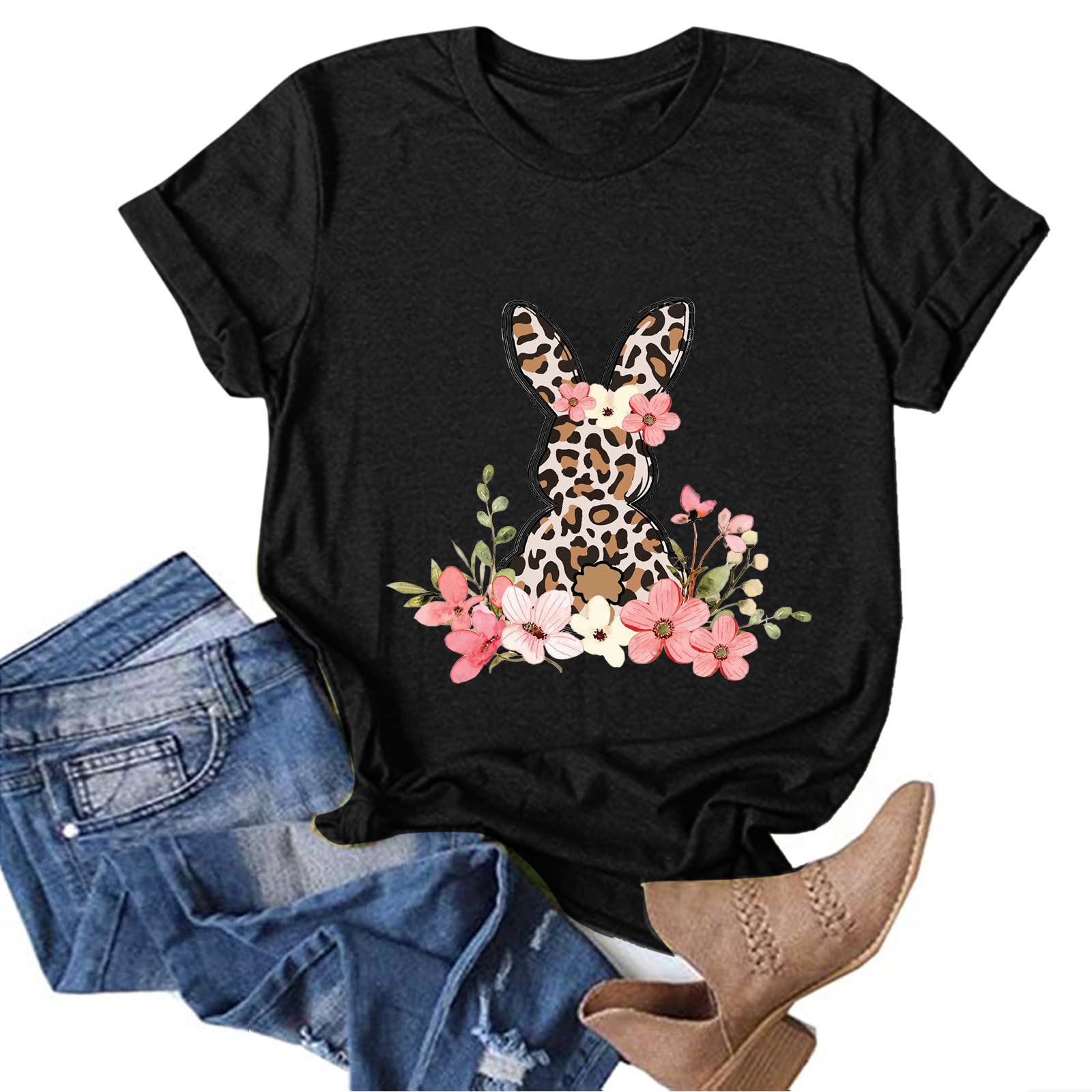 Easter Bunny Printed Women's T-Shirt - Cute Rabbit Graphic Short Sleeve Round Neck Blouse (Black, XXL) | Spring Outfits, Holiday Party Wear, Casual Daily Fashion