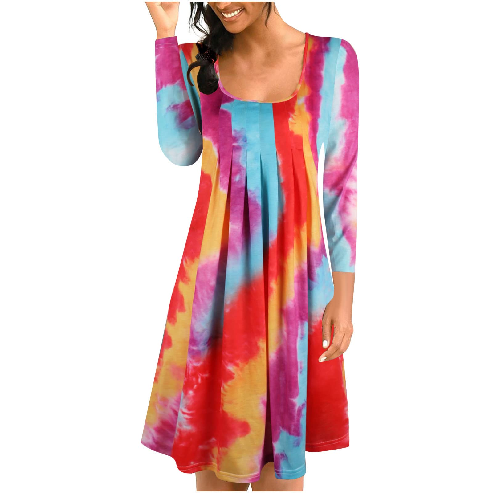 bmkBWO Women's Long Sleeve Tie Dye Pleated T-Shirt Dress - Casual Loose Crew Neck Fall Dress for Beach, Travel & Everyday Wear