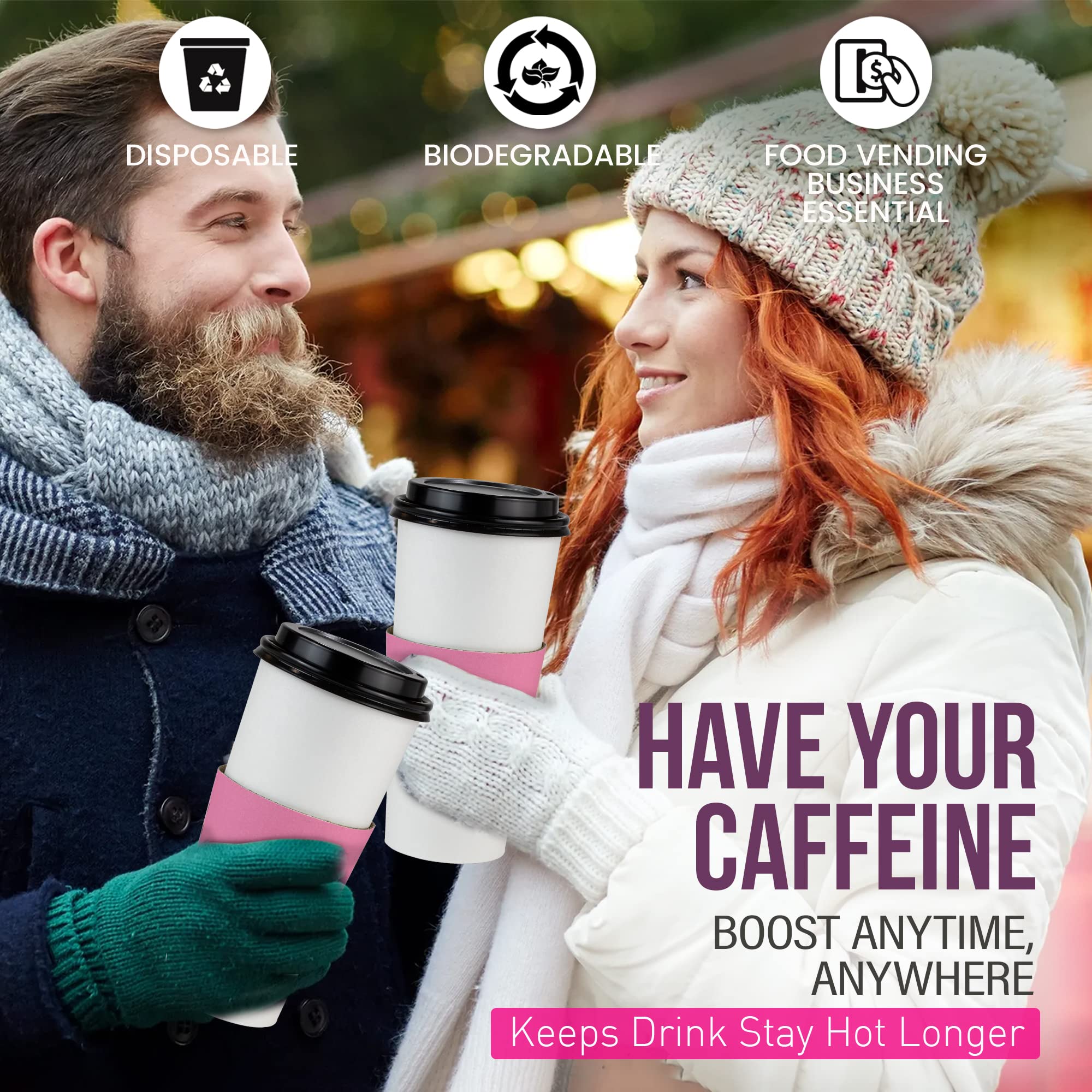 50 Pack 24 oz Disposable Coffee Cups with Lids & Pink Sleeves - Lead-Free Sturdy To-Go Hot Paper Cups for Coffee, Tea, Parties, Weddings, Birthdays - Perfect for Cafes, Offices & Home Use (Black Lids)