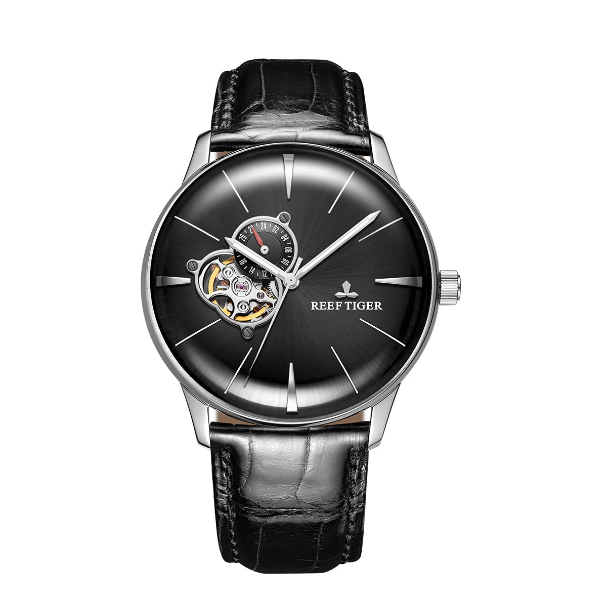Reef Tiger Men's Automatic Dress Watch with Convex Lens - Stainless Steel Case & Genuine Leather Strap (Model RGA8239) | Perfect for Business Meetings, Formal Events & Everyday Elegance