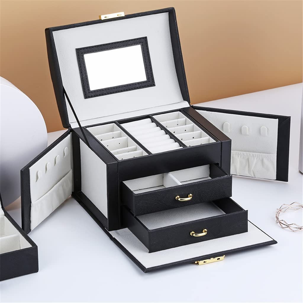 WYBFZTT-188 Portable 3-Tier Jewelry Organizer Box with Mirror - Perfect for Earrings, Rings & Necklaces Storage - Compact Travel Jewelry Case (Black) | Ideal for Bedroom Vanity, Travel & Gift Giving