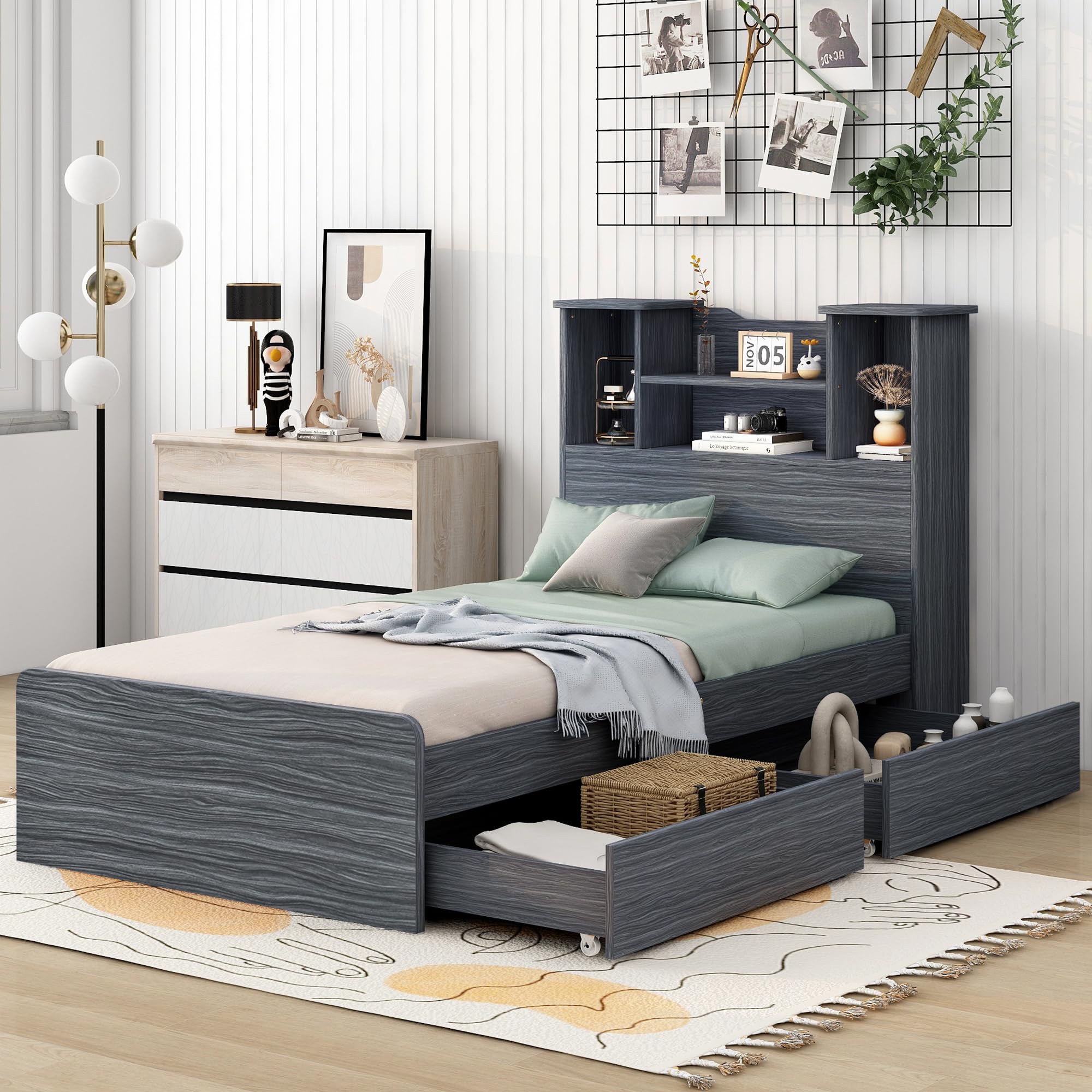 P PURLOVE Twin Size LED Light Bed Frame with Storage Headboard & Drawer - Solid Wood Platform Bed with Slats for Kids, Teens & Adults in Gray - Perfect for Small Bedrooms, Dorm Rooms & Guest Rooms