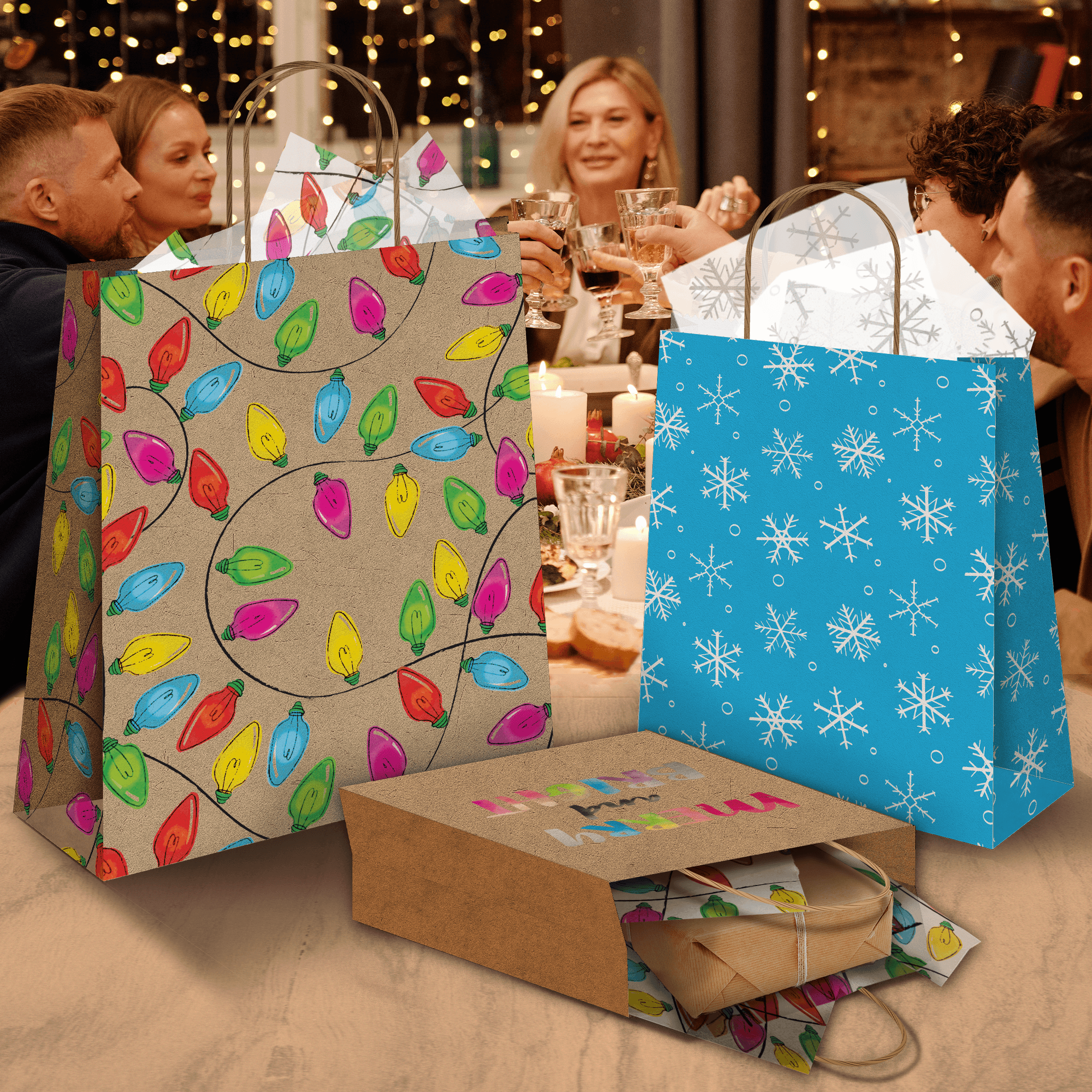 Christmas Lights Kraft Gift Bags Set - 10 Mixed Size Eco-Friendly Party Favor Bags for Holiday Gifts, Decorations & DIY Crafts