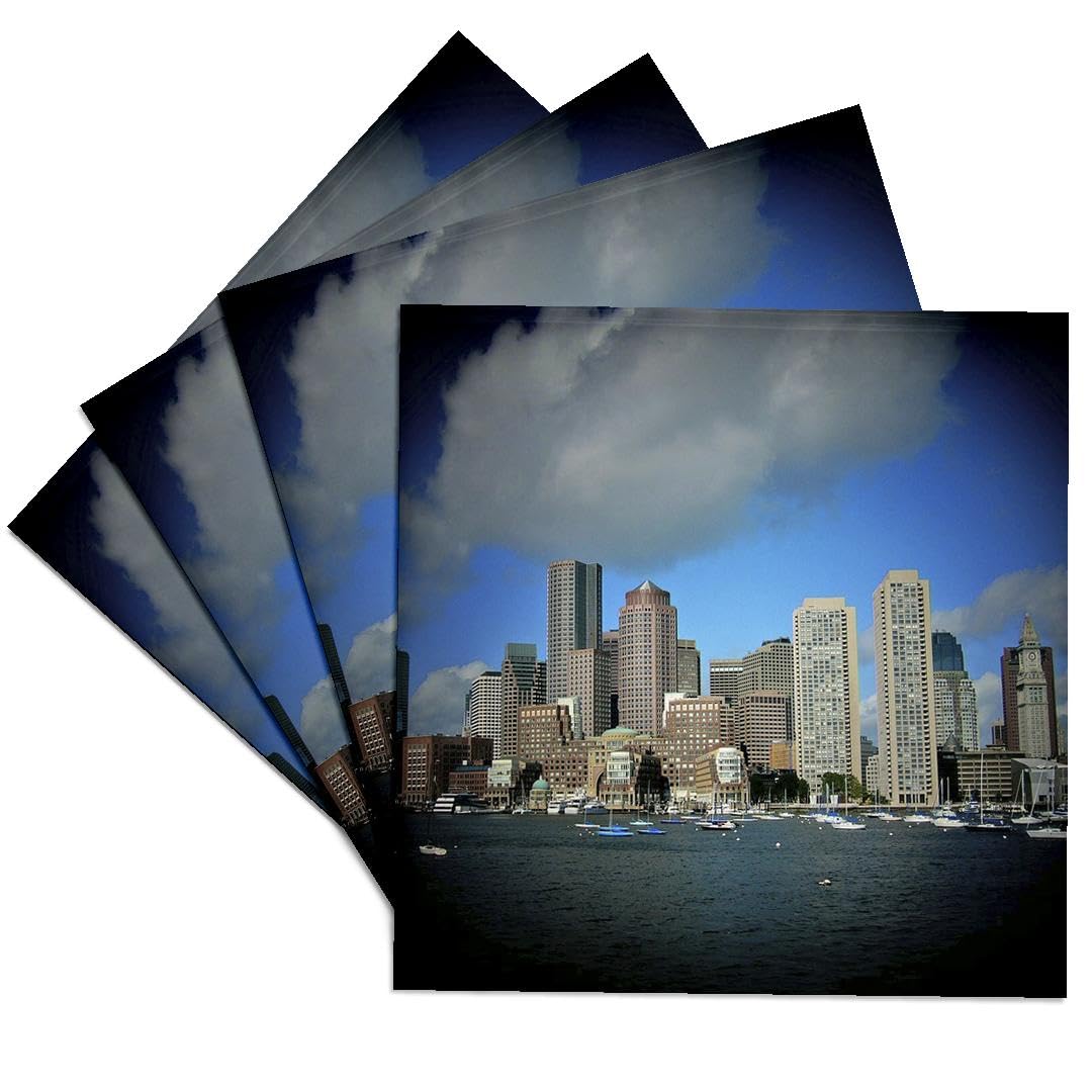 Boston Downtown Skyline Ceramic Tile Coasters Set of 4 - 3D Printed Design for Home & Office Decor - Perfect for Coffee Tables, Bars, and Gift Giving