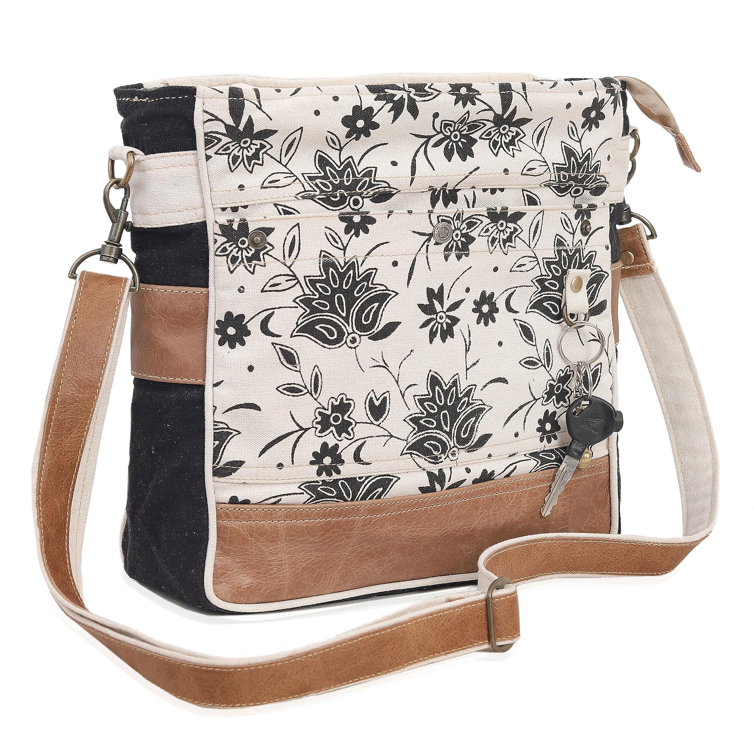 Upcycled Canvas & Leather Shoulder Bag for Women - CLA Bags SEL de MER Off-White Blossom Print Crossbody Purse | Eco-Friendly Fashion Accessory for Work, Travel & Everyday Use