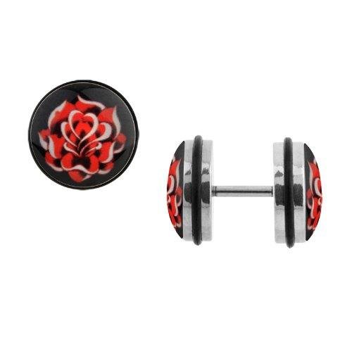 16G Fake Rose Cheater Plug Earrings & Rings Set - Hypoallergenic Body Jewelry for Cartilage, Helix, Nose Piercing - Perfect for Punk, Goth, Emo Style