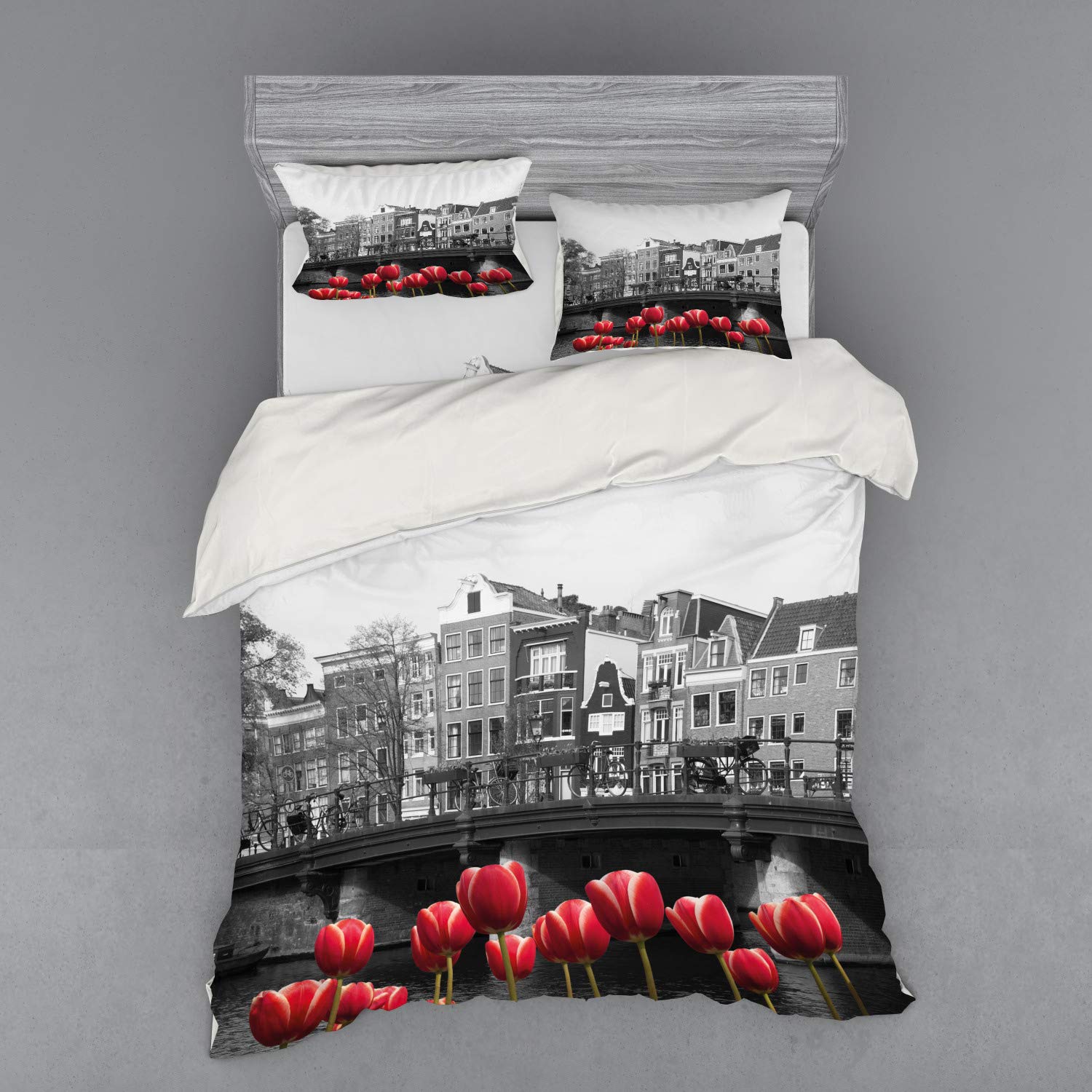 Ambesonne Black and White Bedding Set - Queen Size 4-Piece Duvet Cover with Shams & Fitted Sheet | Monochrome Amsterdam Canal Photo with Red Tulips & Houses | Modern Home Decor for Bedroom, Guest Room & Vacation Rental