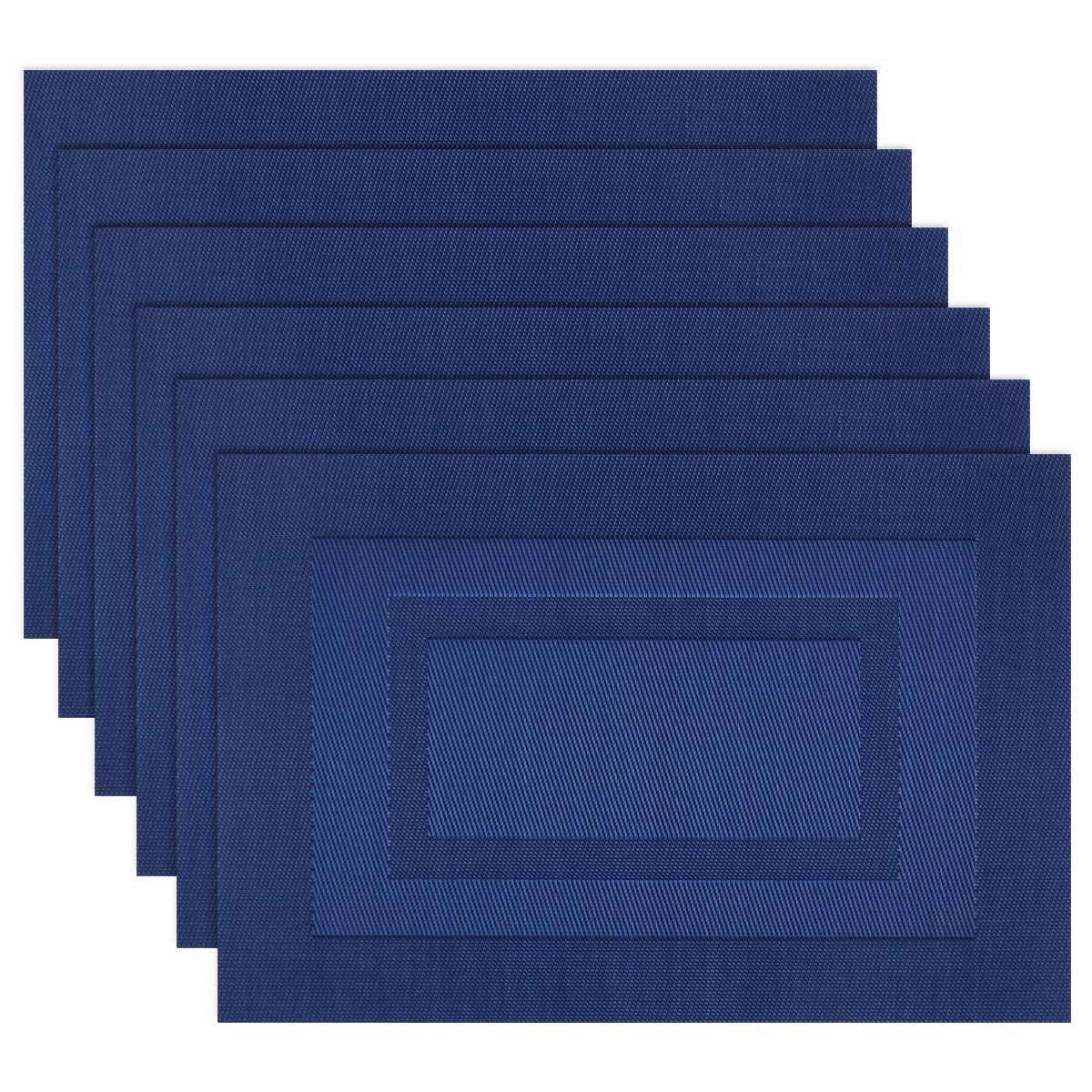 Washable Woven Vinyl Placemats Set of 6 - 18x12 Inches Navy Blue Plastic Table Mats for Dining Room, Kitchen, Party & Outdoor Use - Durable, Easy to Clean & Non-Slip