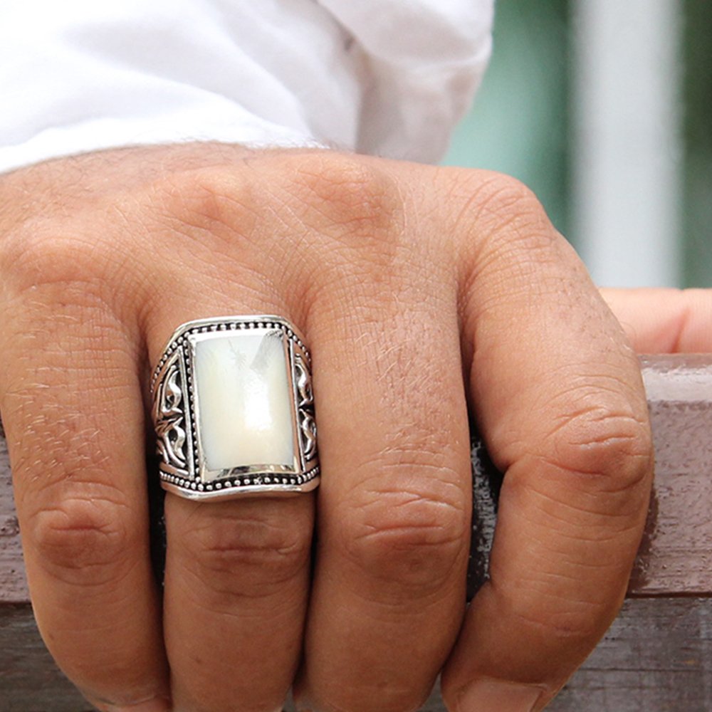 VY JEWELRY 925 Sterling Silver Onyx or Shell Men's Ring for Wedding, Engagement & Gift - Handmade in Thailand - Durable & Hypoallergenic Jewelry for Everyday Wear