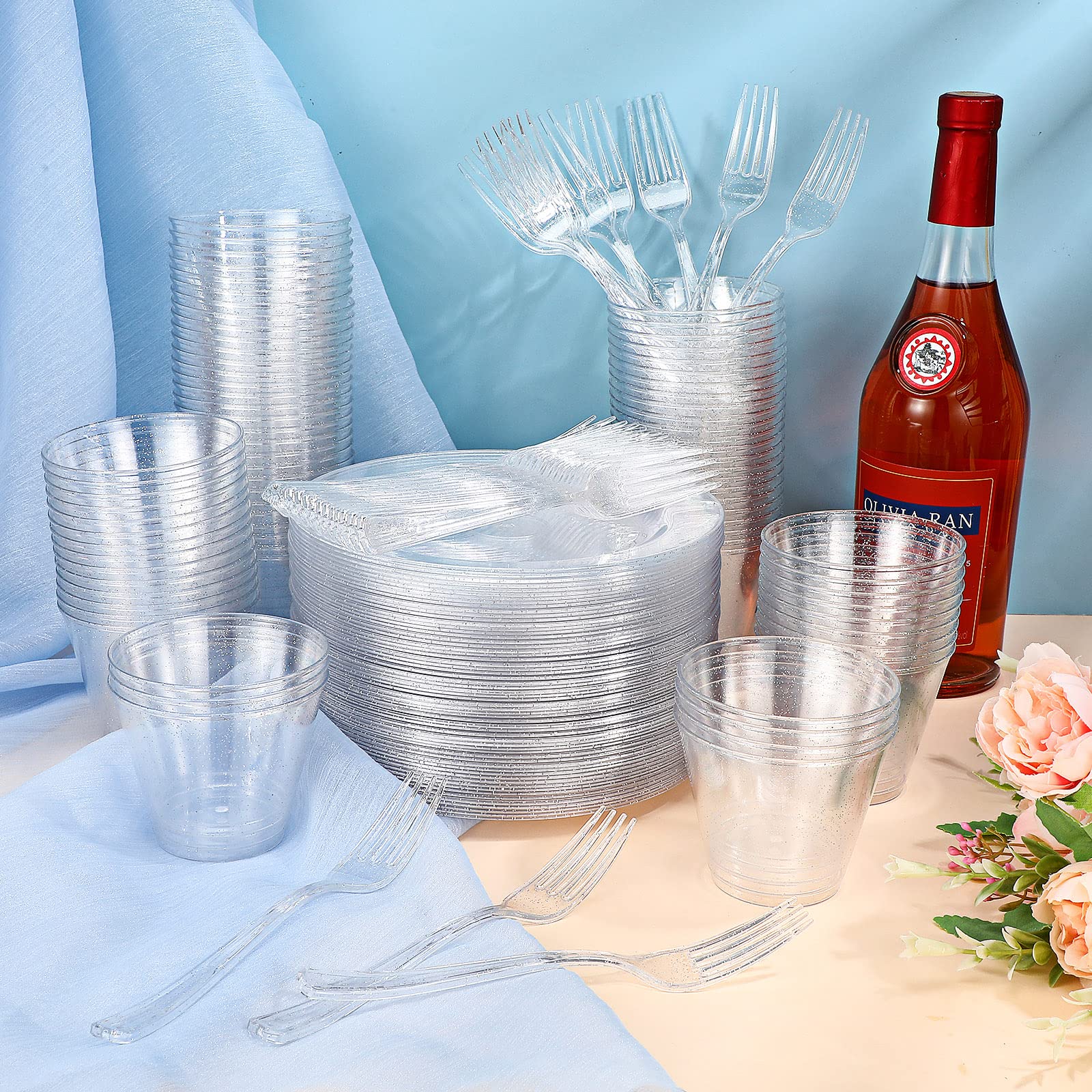 300-Piece Silver Glitter Plastic Disposable Dinnerware Set - 100 Plates (7.5