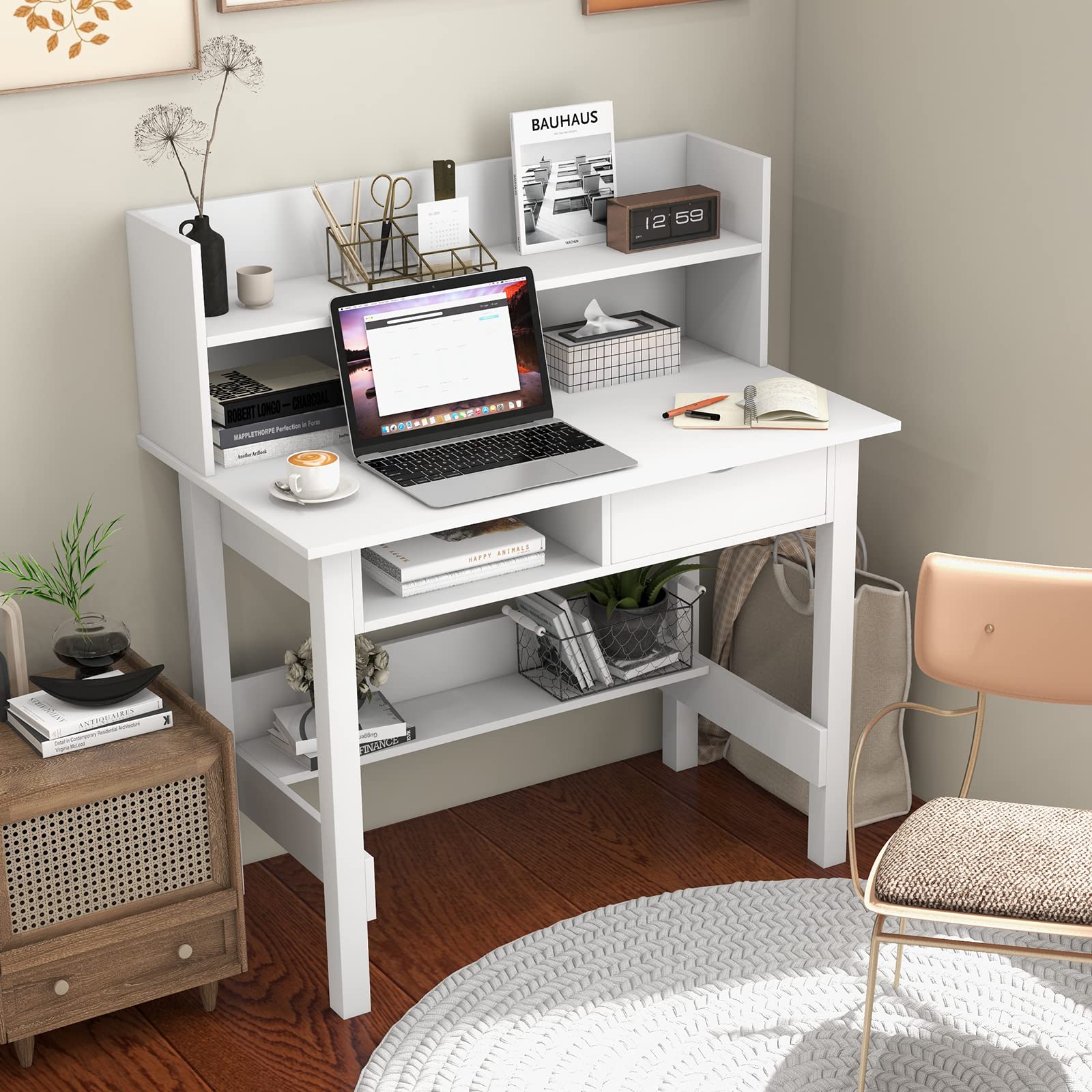 Tangkula White Desk with Hutch - Modern Home Office Writing Study Desk with Storage Bookshelf & Drawer, Makeup Vanity Desk for Bedroom, PC Laptop Computer Desk for Working & Studying - Perfect for Small Spaces, Dorm Rooms & Home Offices