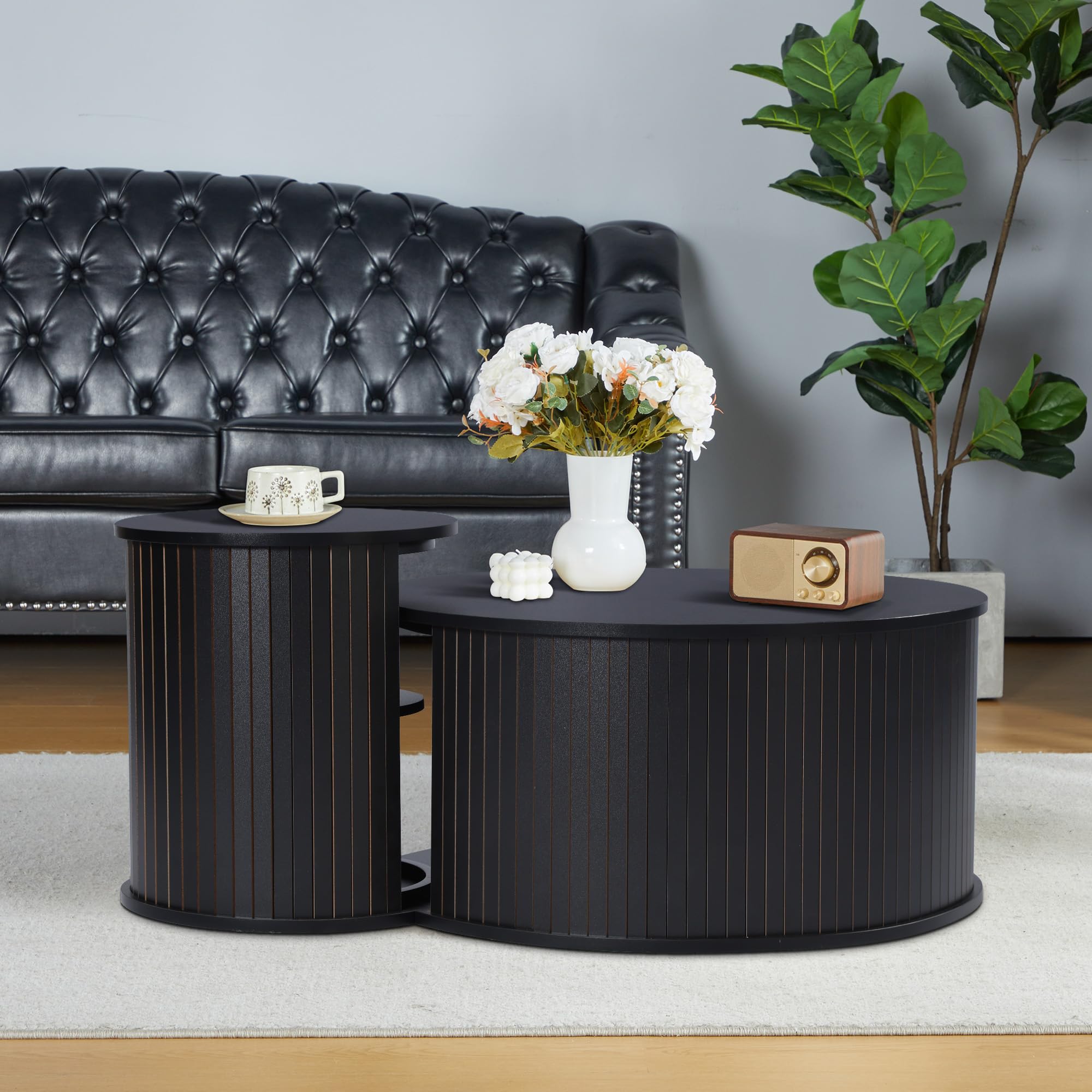 **Round Wooden Nesting Coffee Table Set of 2 - Modern Circle Side Tables for Living Room, Office & Balcony - Space-Saving Black End Tables (Perfect for Small Spaces & Home Decor)**