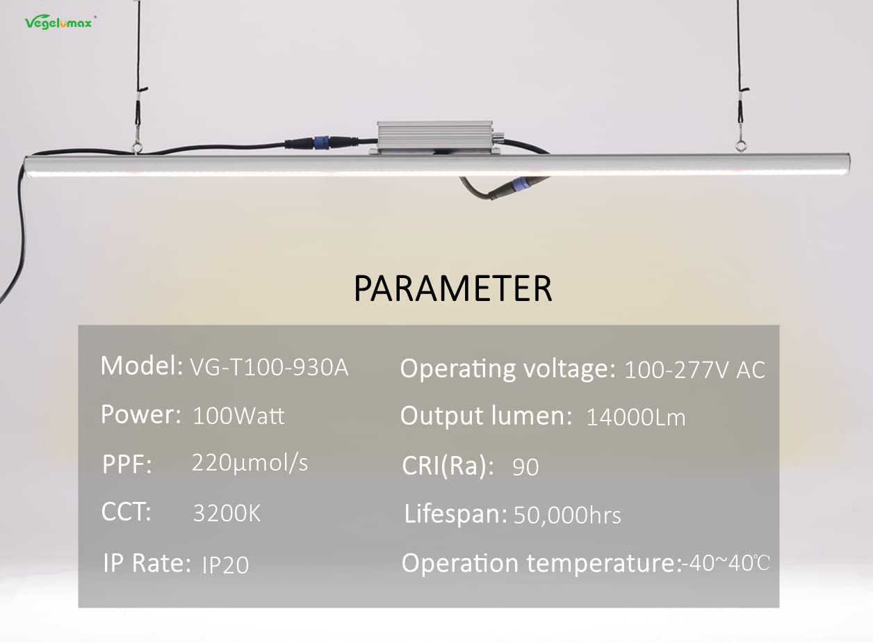 Full Spectrum LED Grow Light for Indoor Plants - 100W, 4ft, 3200K CCT, CRI 90+ High Output White Light with Dimmer & On/Off Switch - Perfect for Vegetables, Flowers, and Herbs Growth in Hydroponics, Greenhouses & Home Gardens