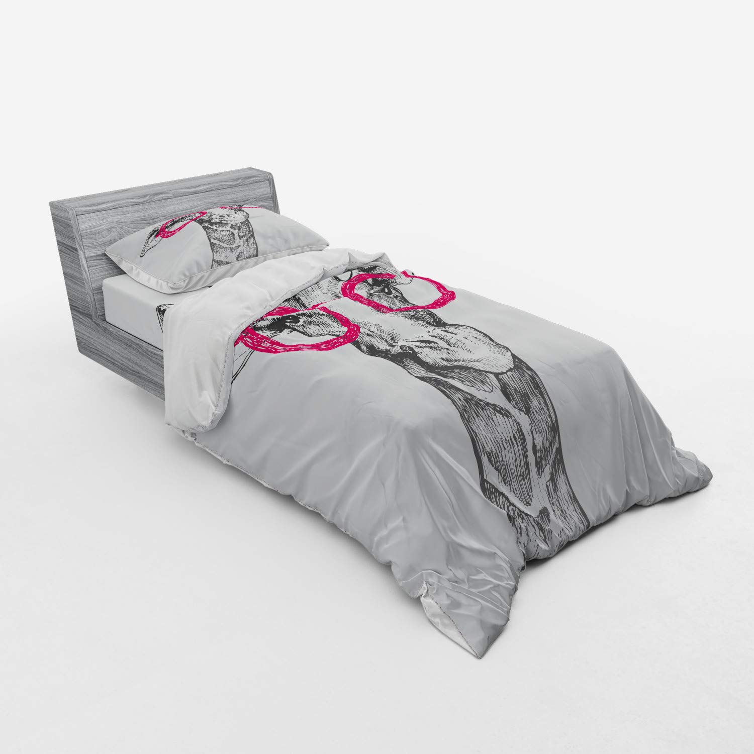 Ambesonne Funny Duvet Cover Set - Hipster Animal Retro Fashion Round Glasses Summer Love Hand-Drawn Style, 3-Piece Bedding Set with Sham & Fitted Sheet, Twin Size, White & Pink - Perfect for Teen Bedrooms, Dorm Decor & Unique Gift Ideas