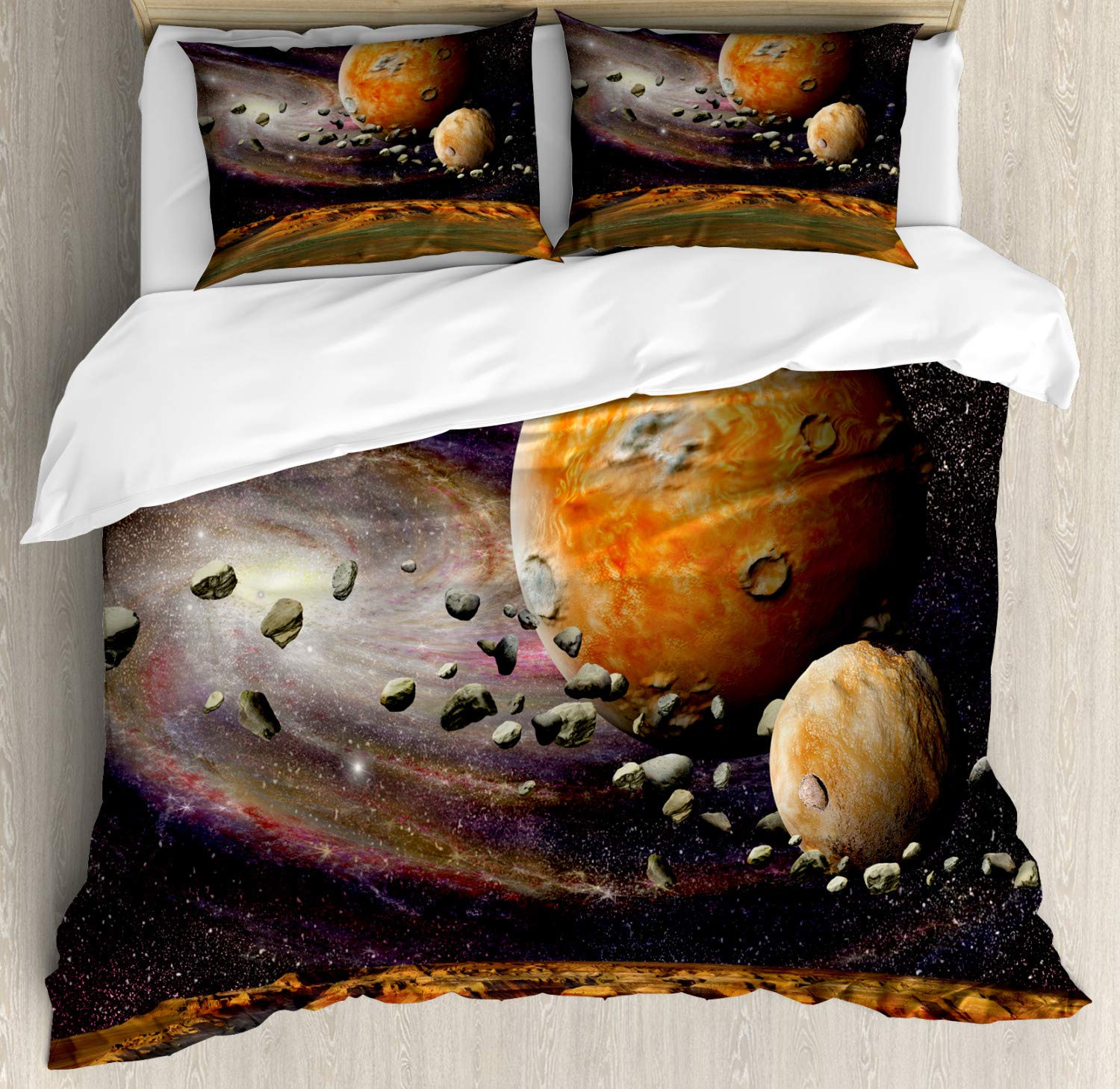 Ambesonne Galaxy Duvet Cover Set - Universe Outer Space Planets Stars Astronomy Bedding | 3-Piece California King Set with 2 Pillow Shams in Green & Purple | Perfect for Space-Themed Bedrooms, Kids Rooms & Sci-Fi Decor