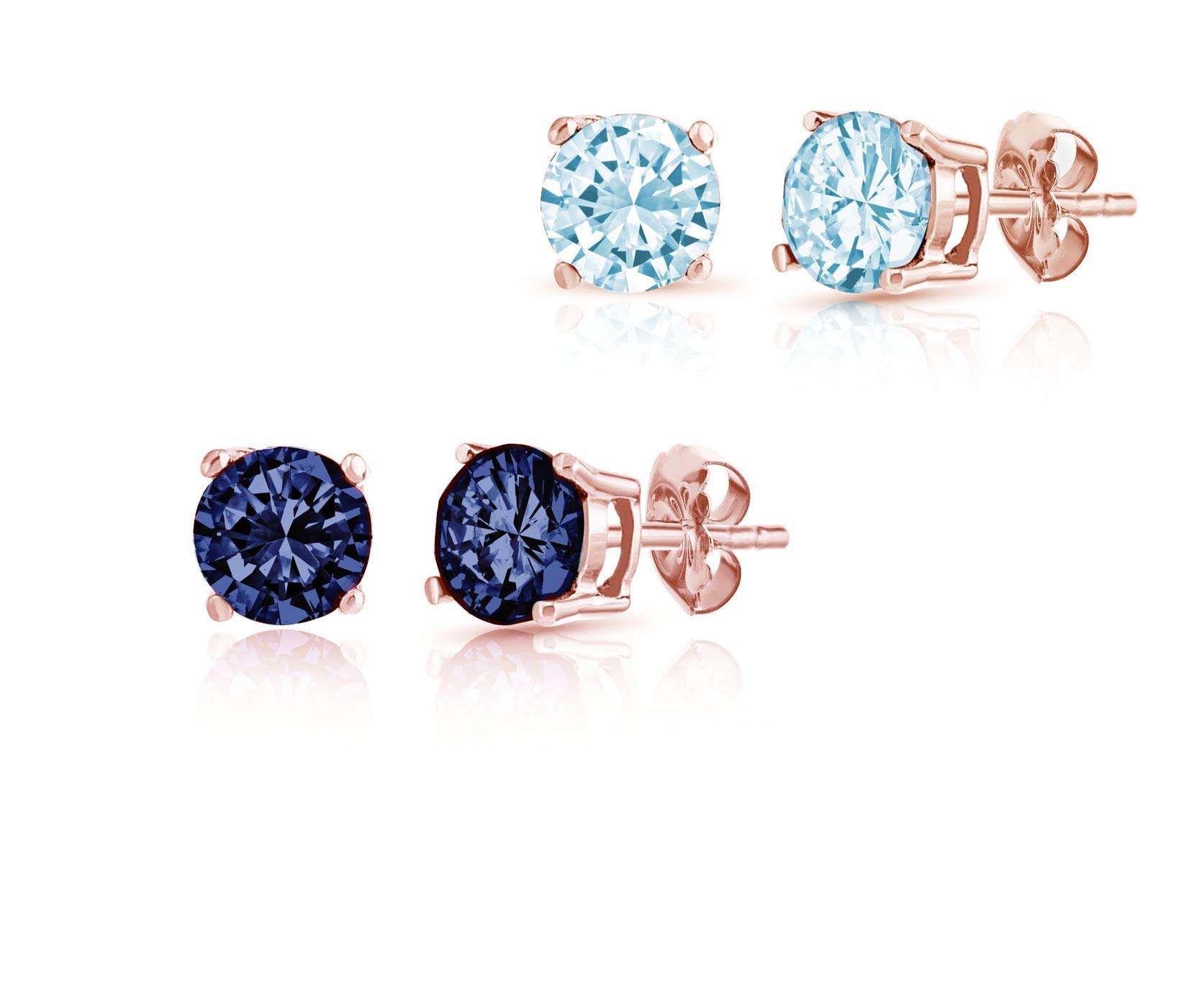 2 Pack Rose Gold Plated Sterling Silver 6mm Round Basket Stud Earrings with London Blue Topaz & Sapphire Gemstones - Elegant Jewelry for Women, Gift for Her, Perfect for Parties, Weddings & Daily Wear