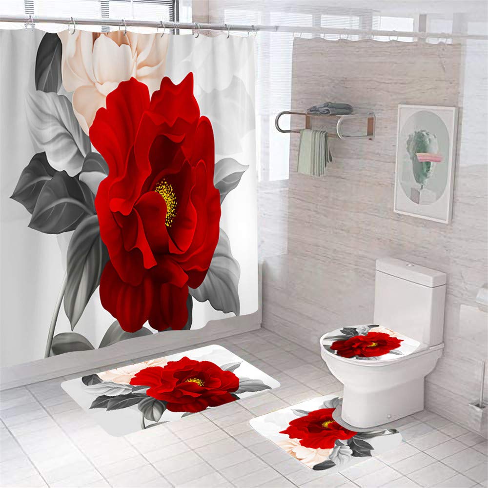 FlowerLove 4-Piece Red Floral Shower Curtain Set with Matching Bath Rugs & 12 Hooks - Waterproof Bathroom Decor Set Includes Toilet Lid Cover & Non-Slip Mats - Complete Medium Bathroom Accessories for Vintage or Modern Bathrooms