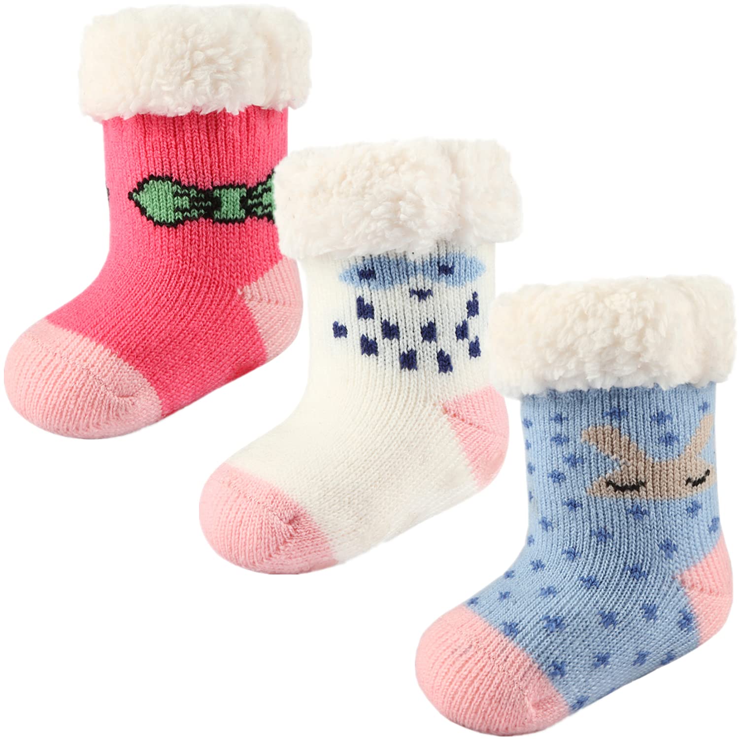 3 Pairs Kids Winter Slipper Socks - Sherpa-Lined Fuzzy Grips for Boys & Girls | Warm Christmas Gifts for Toddlers & Children | Cozy Indoor & Outdoor Wear for Home, School & Playtime