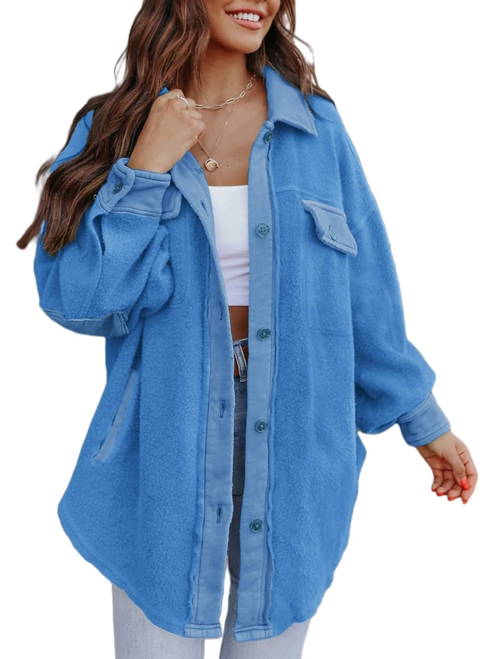 Yousify Women's Button Down Shirt Jacket - Casual Long Sleeve Oversized Shacket Top for Work, Date Night & Everyday Wear | Plus Size & Petite Friendly
