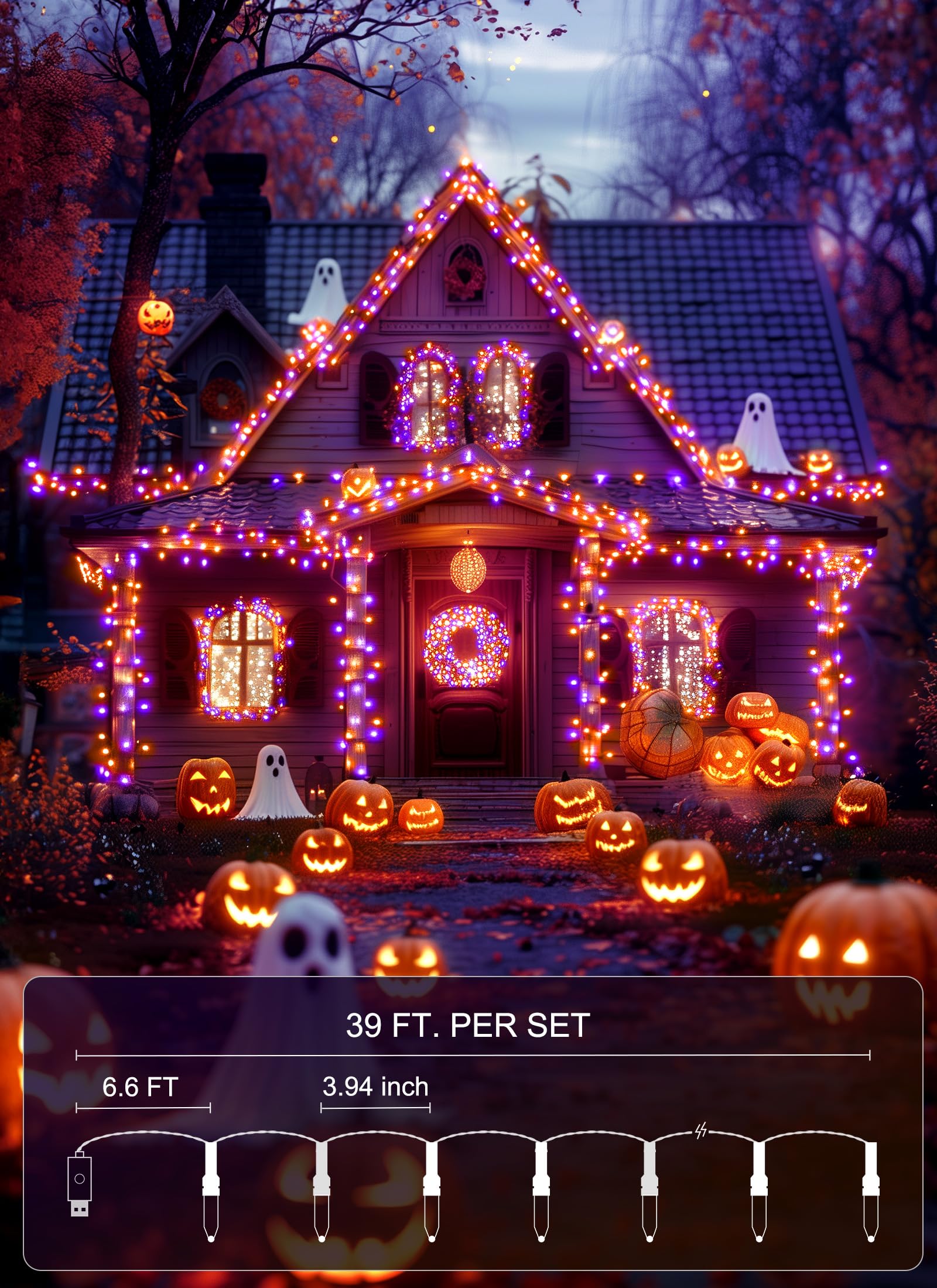100 LED 39 FT Halloween String Lights - USB Powered with Remote, Waterproof Indoor/Outdoor Twinkle Lights for Christmas, Holiday Party, Tree & Window Decor (Purple & Orange) - Perfect for Halloween Parties, Christmas Tree Lighting, and Year-Round Home Decoration