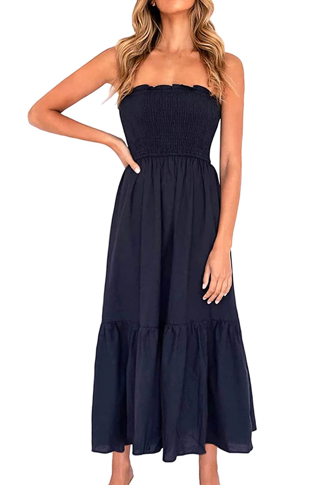 Seoky Rop Women's Summer Smocked Tube Top Dresses - Strapless Boho Midi Dress for Beach Party, Vacation & Casual Outings | Flowy & Comfortable