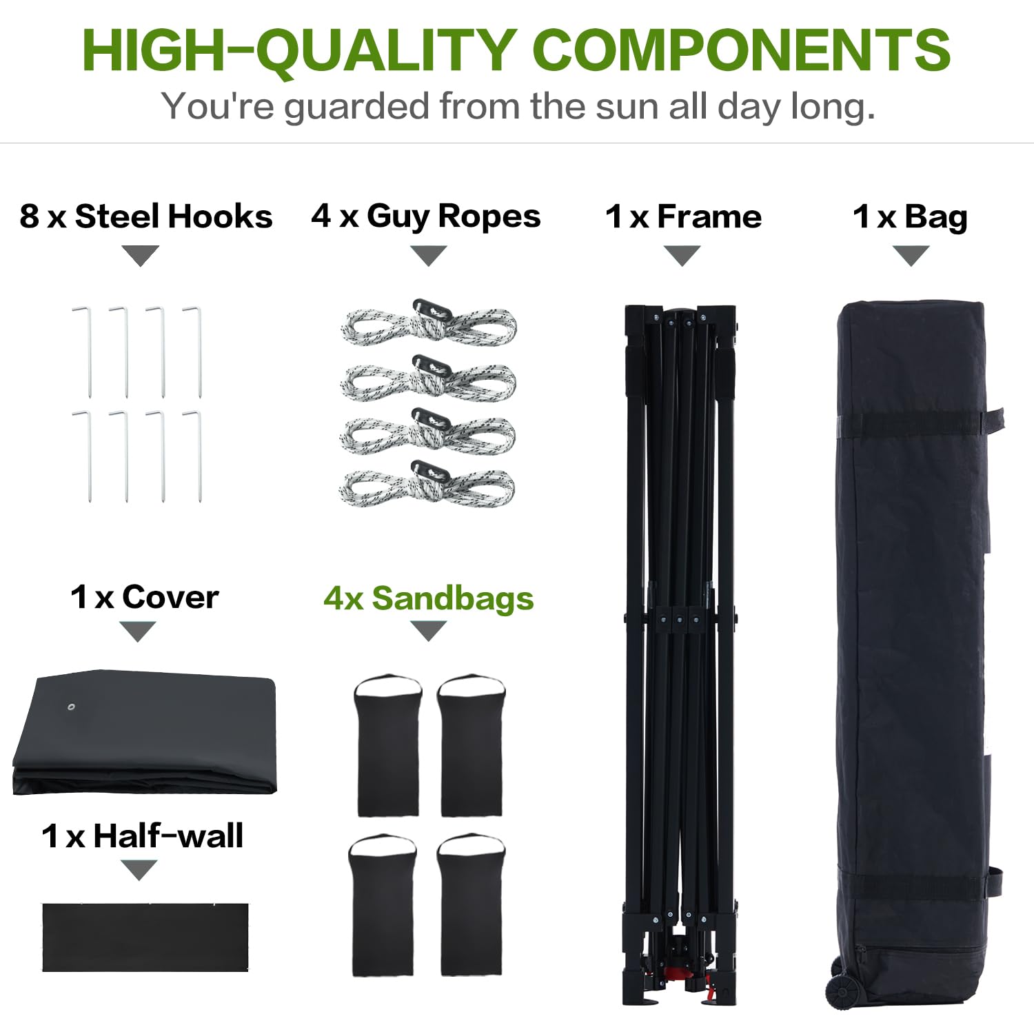 10'x10' Pop Up Canopy Tent with Half Sidewall - Easy 1-Person Setup Instant Shade Shelter for Outdoor Events, Beach, Camping & Parties - Includes Wheeled Carry Bag, Stakes, 4 Ropes & 4 Sandbags (Black) - Perfect for Backyard BBQs, Tailgating & Farmers Markets