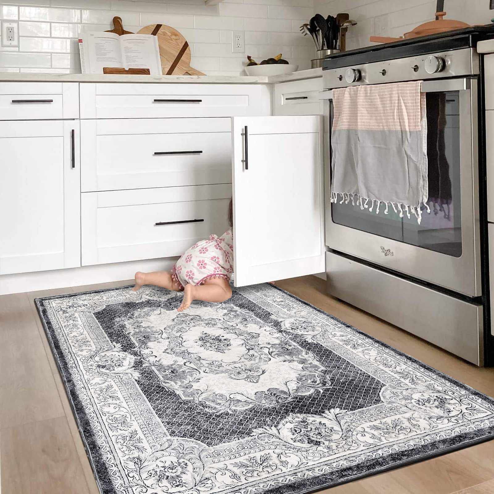 Calore Non-Slip Washable Area Rug 5.3'x6.7' - Soft Indoor Carpet for Living Room, Bedroom & Dining Room - Grey and White - Perfect for Home Decor, Pet-Friendly & High Traffic Areas