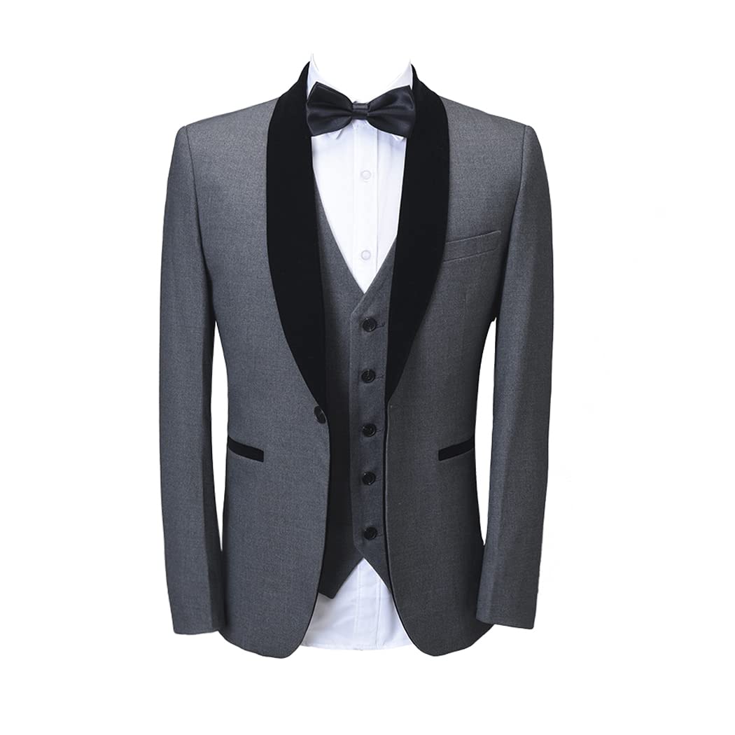 3-Piece Grey Velvet Tuxedo Suit for Men - Shawl Lapel Wedding Blazer, Pants & Vest Set - Perfect for Groomsmen, Prom, Formal Events & Special Occasions
