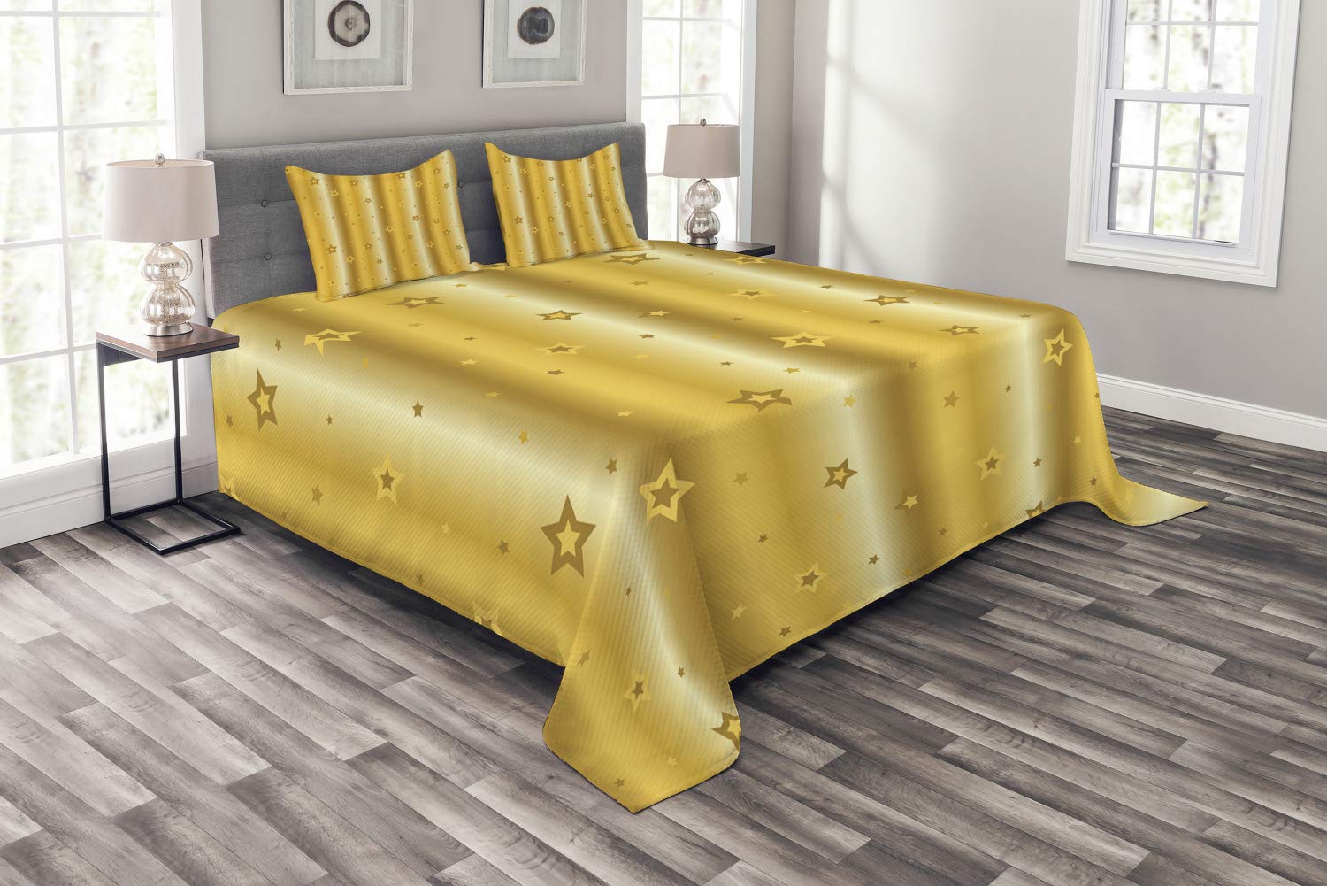 Ambesonne Retro Bedspread Set - Vintage Star Abstract Design 3-Piece King Size Bedding with 2 Pillow Shams in Vibrant Yellow | Perfect for Bohemian Bedroom Decor, Guest Room Makeover & Cozy Home Styling
