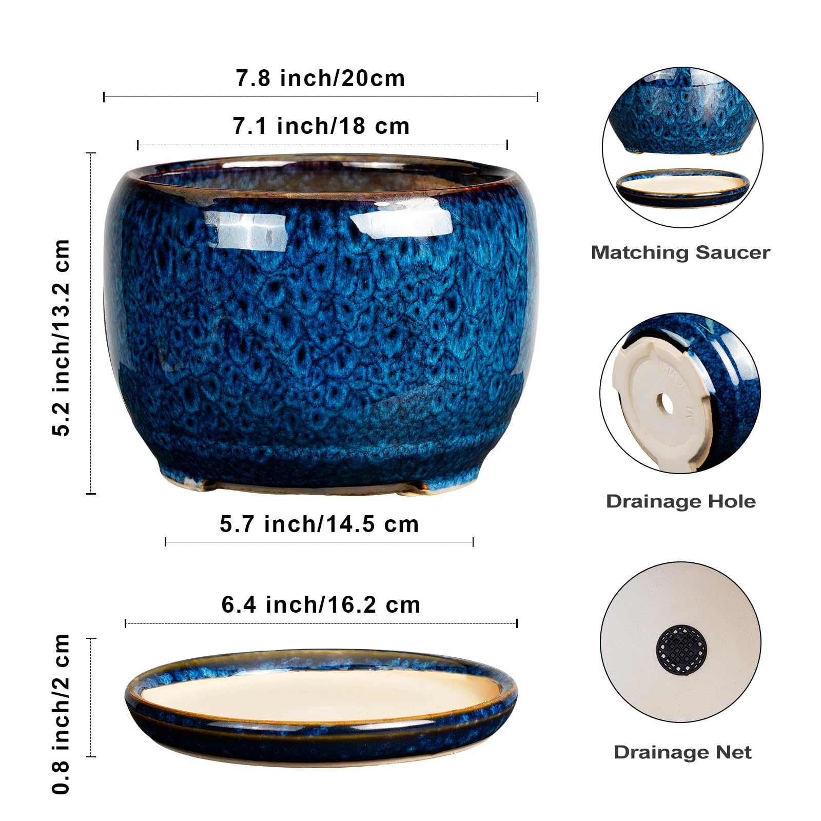 SQOWL 8 Inch Ceramic Planter with Drainage Hole & Saucer - Modern Round Glazed Blue Flower Pot for Indoor Outdoor Plants | Perfect for Home Decor, Office Desk, Garden, and Patio