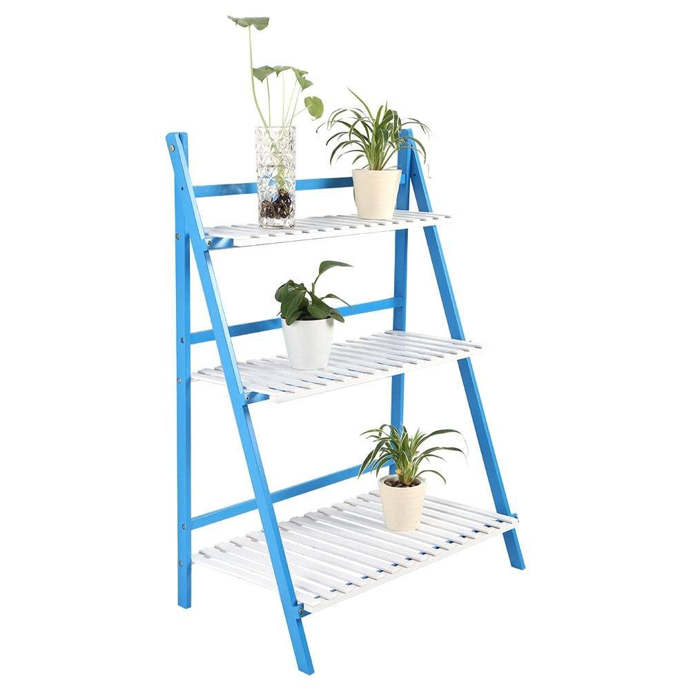 DYWER 3-Tier Foldable Flower Plant Pots Stand - Space Saving Balcony Garden Organizer for Indoor & Outdoor Plants (Blue & White) - Perfect for Small Spaces, Patios, and Home Decor