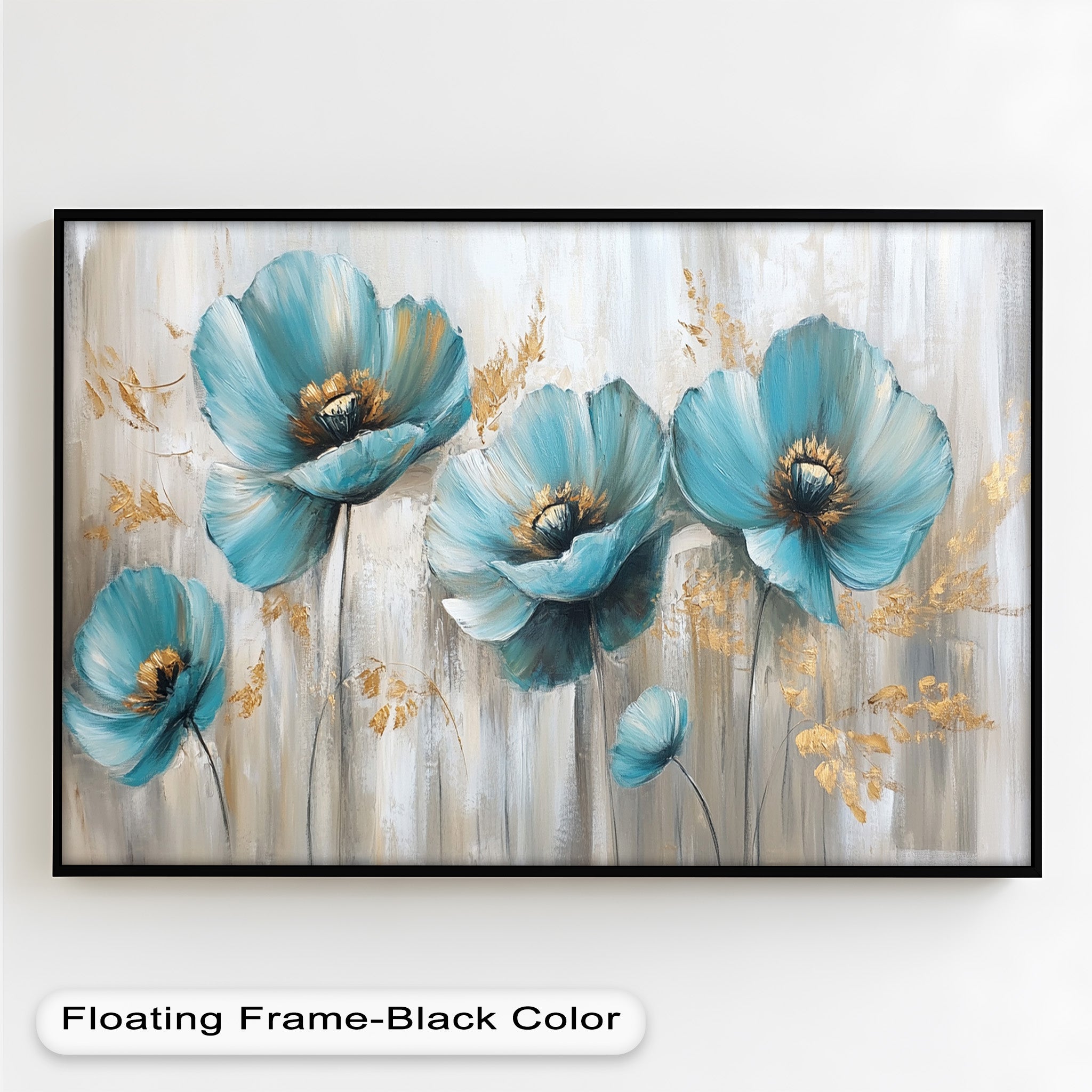 Blue Poppies with Metallic Accents Oil Painting - Floral Wall Art for Living Room, Bedroom & Office Decor