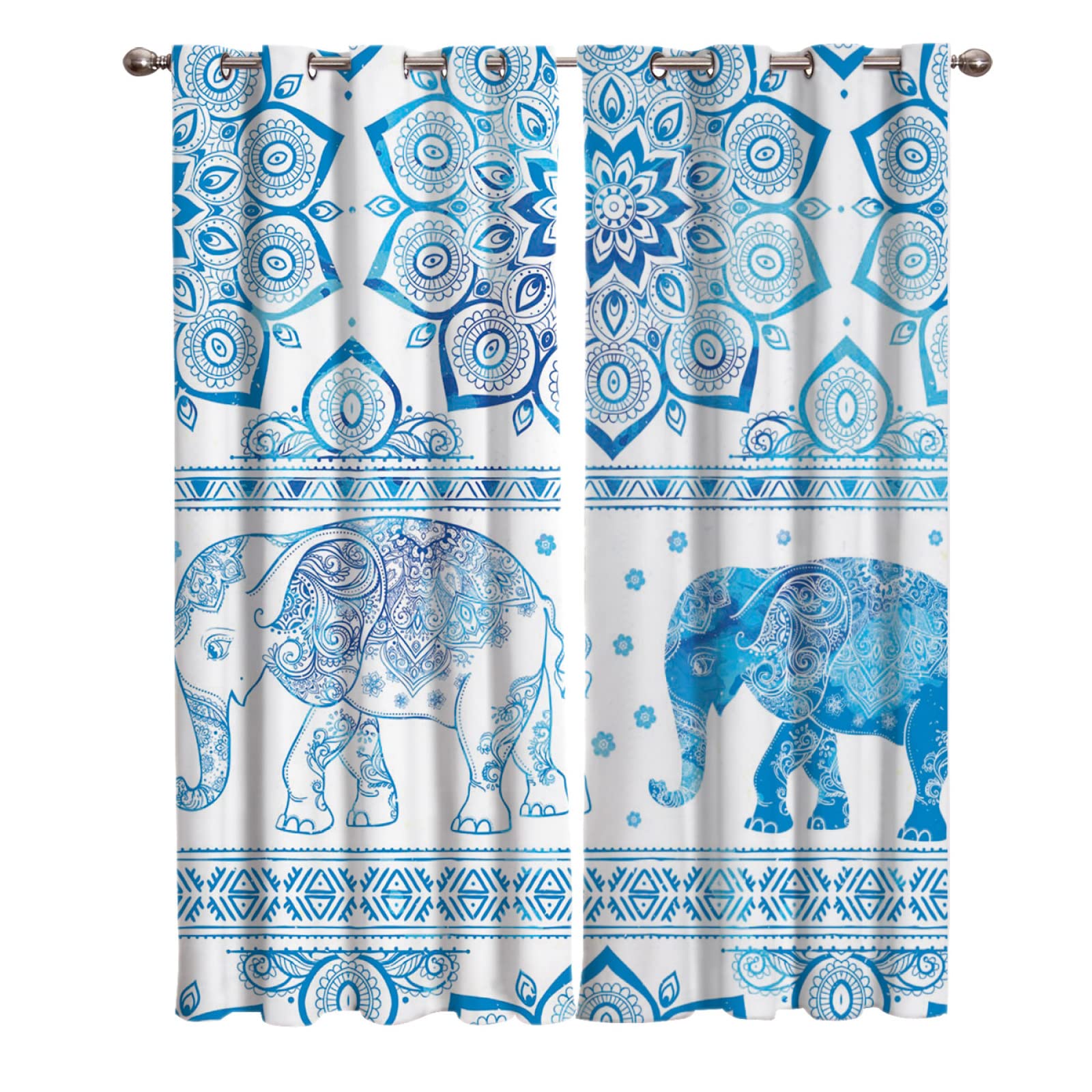 African Indian Elephant Buddhist Window Curtains - Blue Boho 3D Printed Drapes with Grommets, Blackout Curtains for Living Room, Bedroom & Kitchen Decor (104