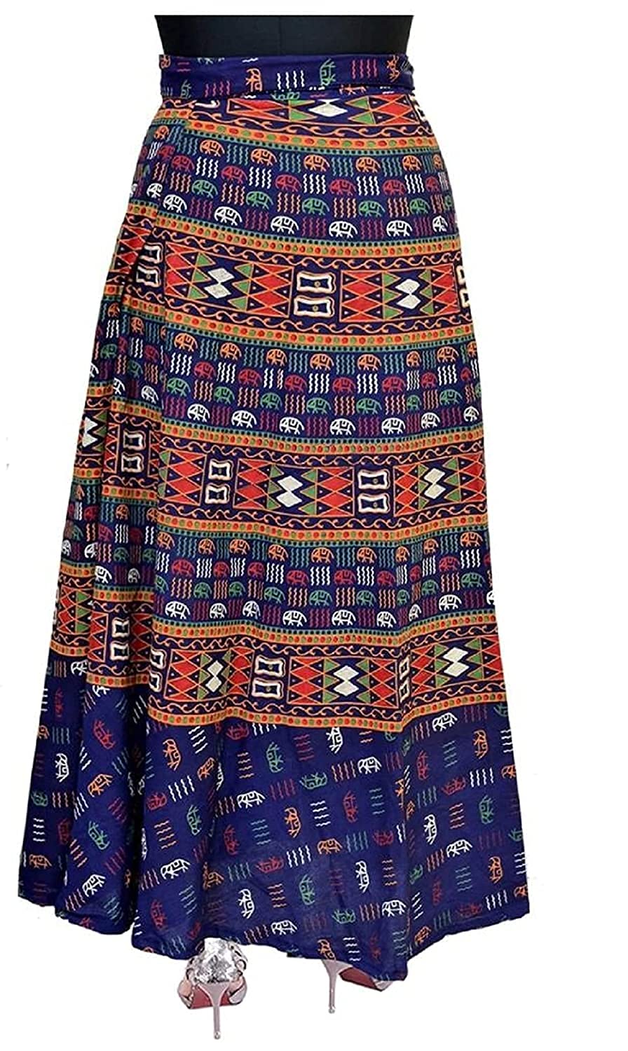 Women's Cotton Long Wrap Around Skirt - Jaipuri Printed Boho Maxi Skirt Free Size Up to 44-XXL (Navy Blue) | Perfect for Beach, Vacation & Summer Outfits