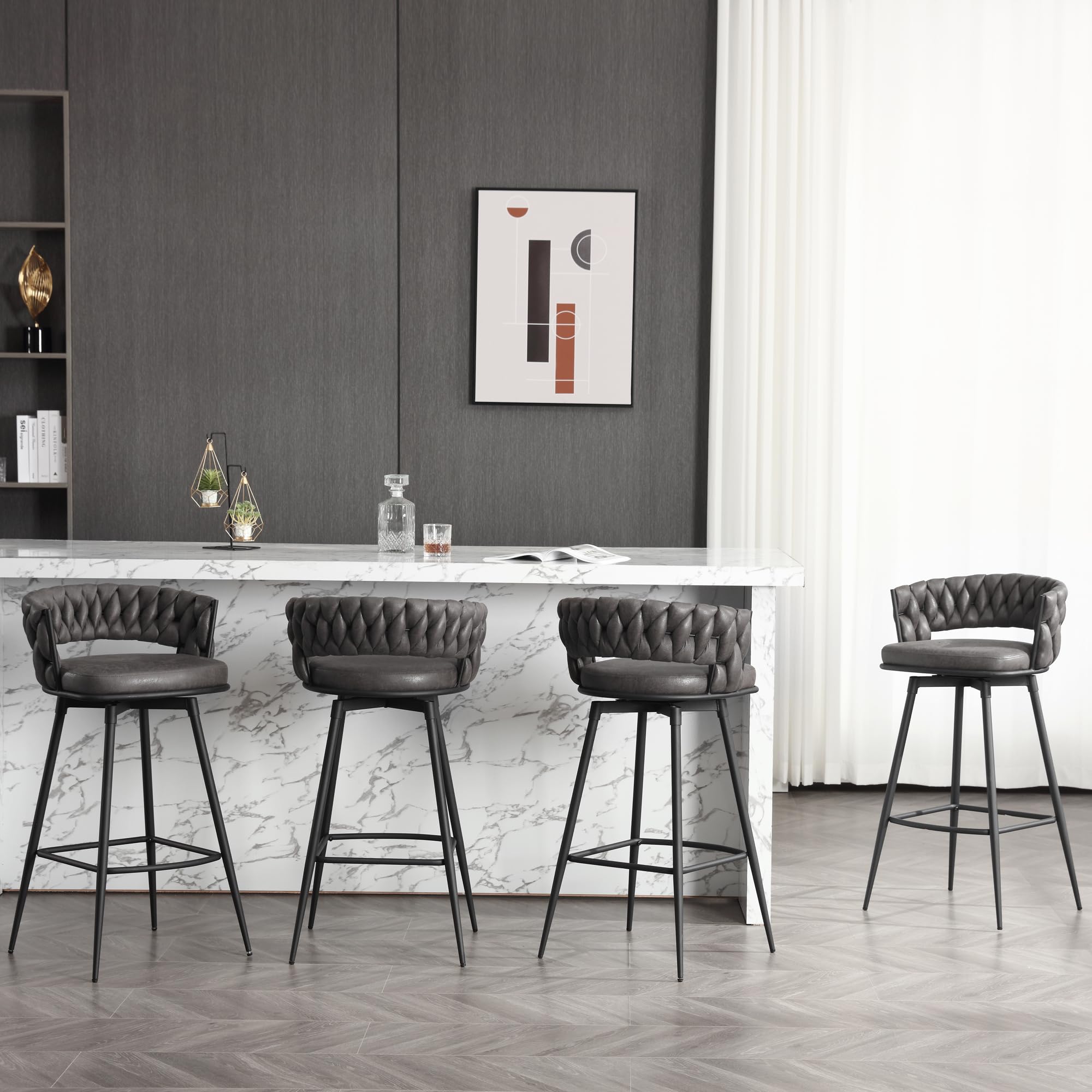 BFZ 26inch Bar Stools Set of 4 - 180° Swivel Counter Height Stools with Suede Fabric & Woven Back, Footrest - Perfect for Kitchen Island, Home Bar, Cafe, Restaurant, and Pub Decor
