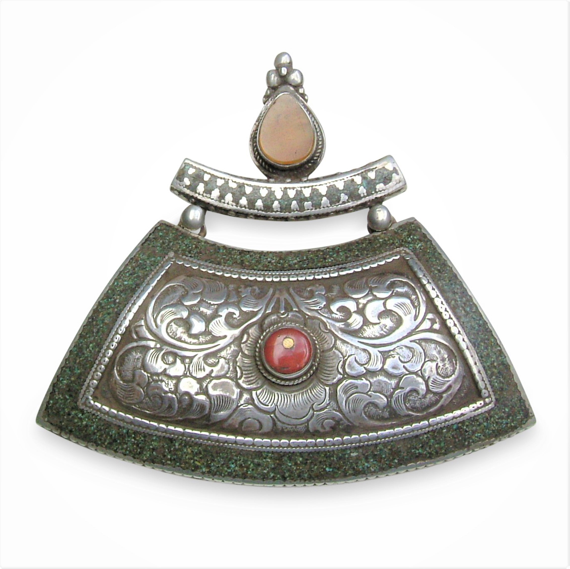Authentic Tibetan Silver Pendant with Natural Coral & Amber Beads - Handmade Spiritual Jewelry for Meditation, Yoga & Boho Fashion