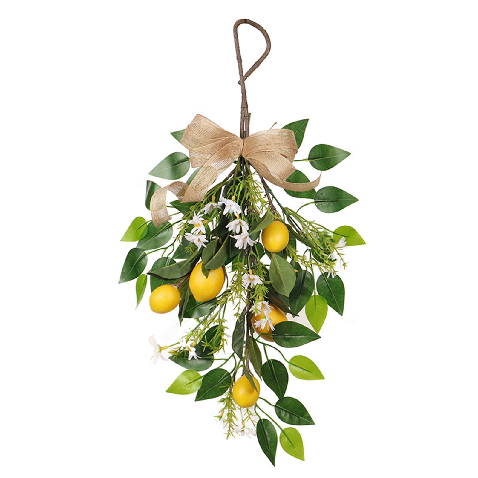 23.6 Inch Artificial Lemon Wreath with Faux Lemons, Daisies & Green Leaves - Farmhouse Spring Summer Fall Teardrop Fruit Wreath for Front Door, Wall & Home Decor - Perfect for Seasonal Displays, Wedding Centerpieces & Rustic Interior Design