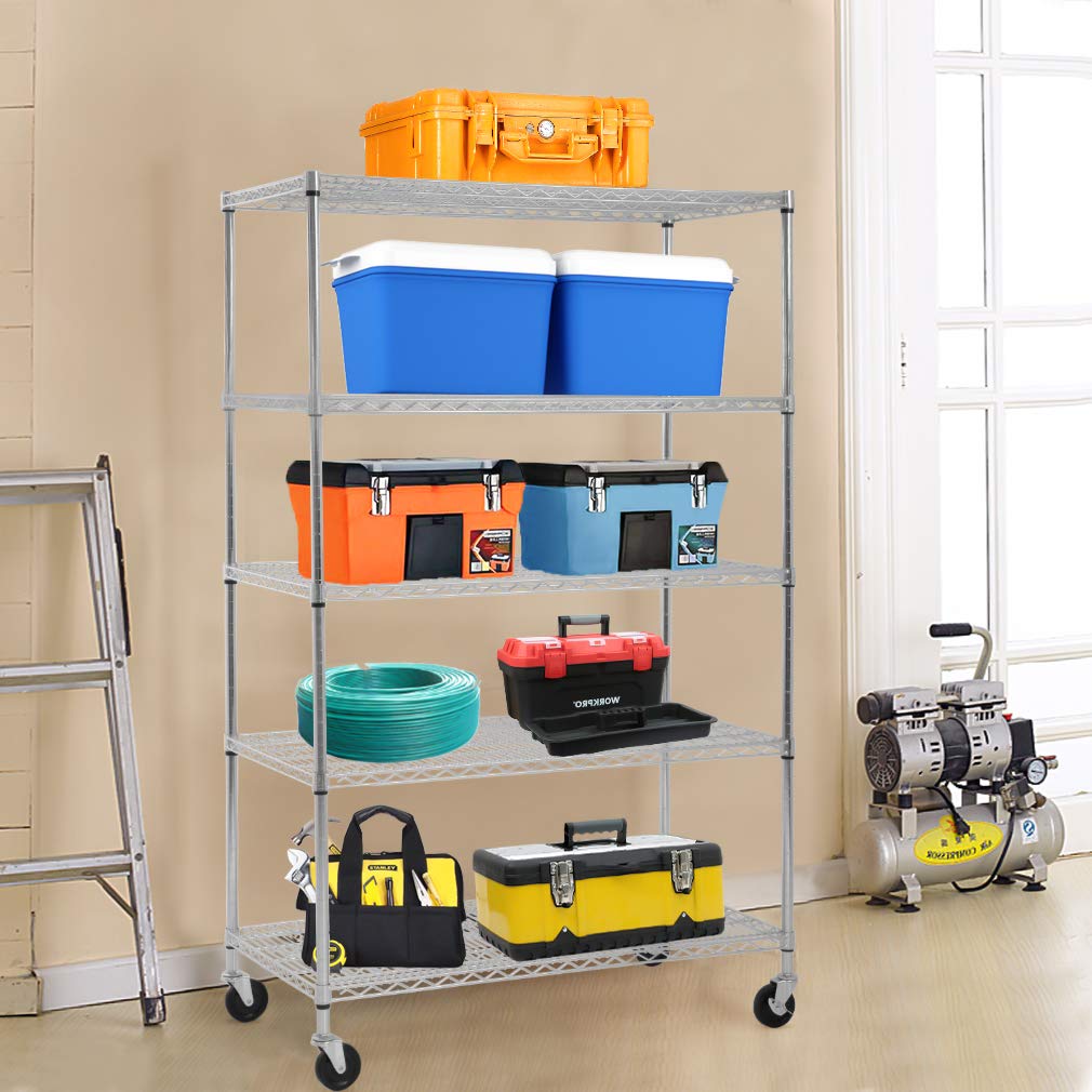 5-Wire Heavy Duty Steel Shelving Unit - 5000 LBS Capacity, NSF Certified Commercial Grade Metal Rack with Adjustable Height & 4 Wheels (24