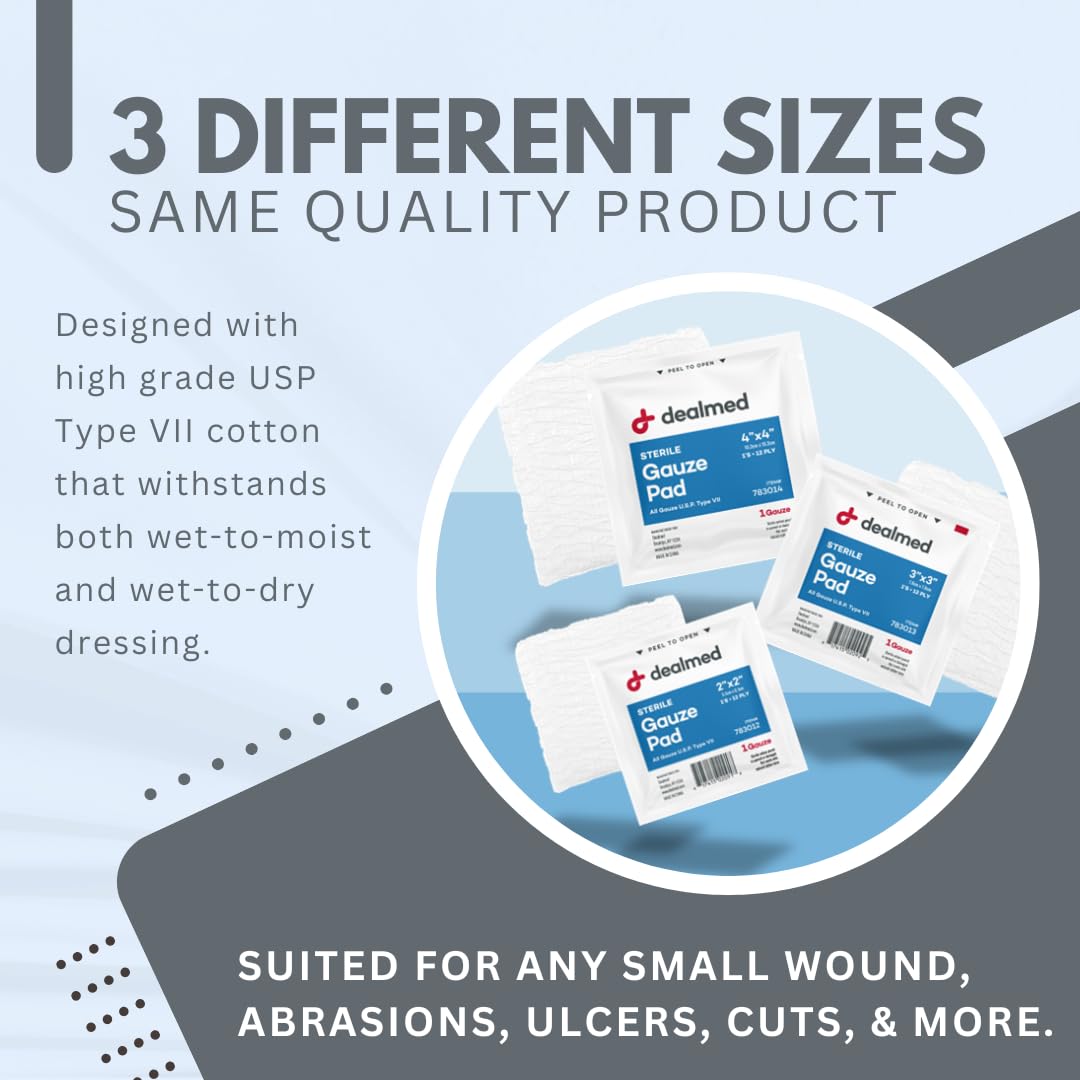 Dealmed Sterile Gauze Pads 2x2 Inches (100 Count) - Individually Wrapped Disposable Medical Wound Dressing for First Aid, Burns, Cuts & Surgical Care - Perfect for Home Kits, Hospitals & Emergency Preparedness (24-Pack Case)