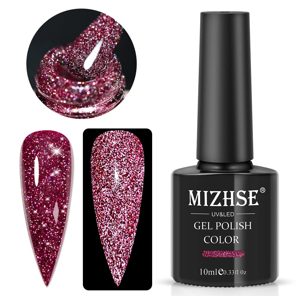 MIZHSE Reflective Rose Red Sparkling Glitter Gel Nail Polish - UV/LED Soak Off Diamond Shine Nail Art Gel (10ml) for Salon & Home Manicures