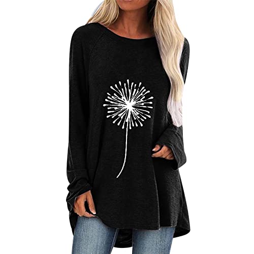 Women's Casual Long Sleeve Crew Neck Raglan T-Shirt with Dandelion Print - Soft Cotton Blouse Top for Everyday Wear (Black, XL) - Perfect for Work, Weekend Outings & Casual Dates