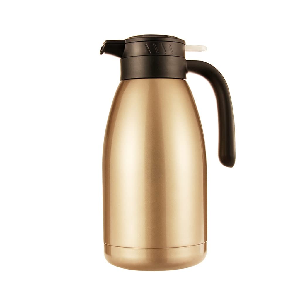 Premium 304 Stainless Steel Thermal Coffee Carafe - 2L Double Walled Vacuum Insulated Flask with Straight Plug Lid & Ergonomic Handle for Hot/Cold Beverages - Ideal for Coffee, Tea, Water Dispensing at Home, Office or Outdoor Adventures (Gold)