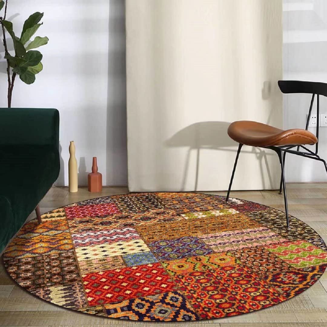 5FT Large Vintage Round Rug Pad - Non-Slip Moroccan Splice Pattern Area Rug with Colorful Design for Living Room, Bedroom, Balcony | Perfect for Boho Home Decor & Cozy Floor Covering